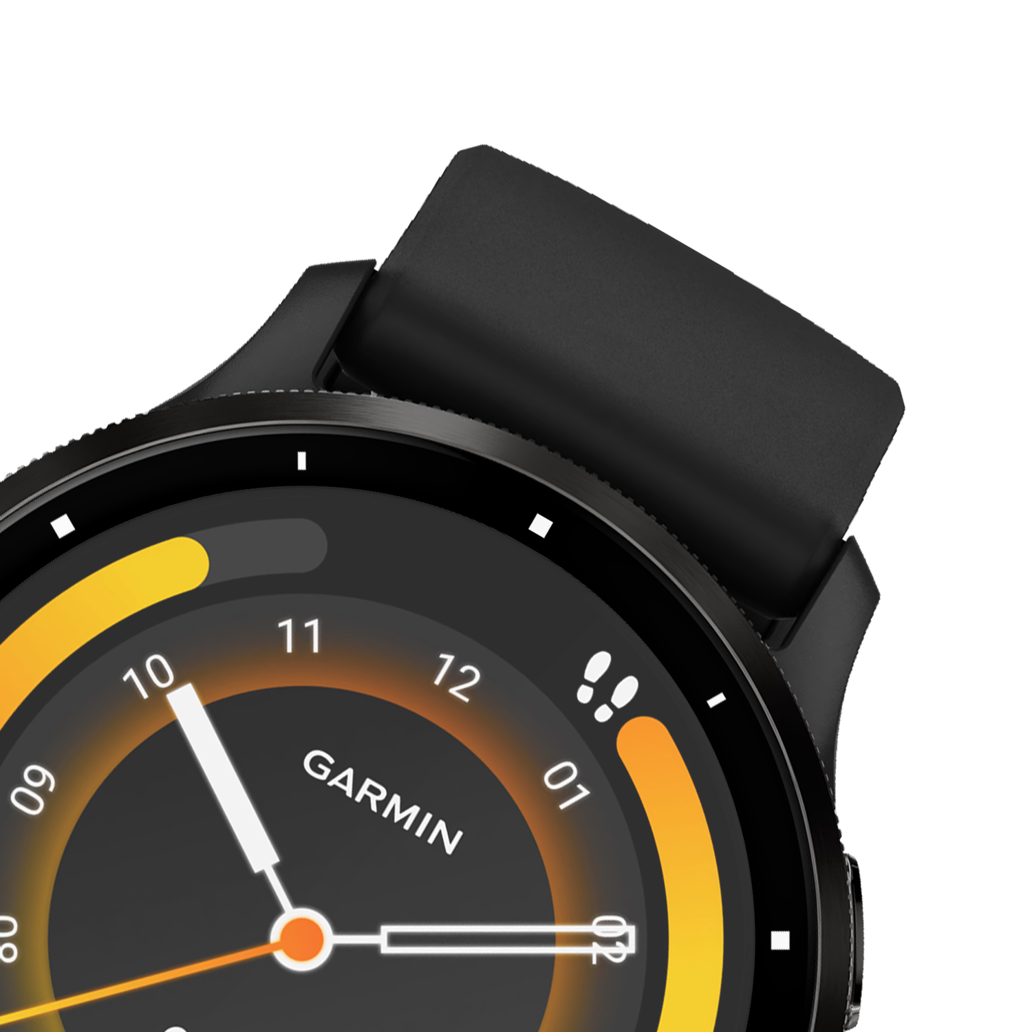 Nahaufnahme einer schwarzen Garmin-Smartwatch mit schwarzem Armband und gelb-orangefarbenem Akzent.