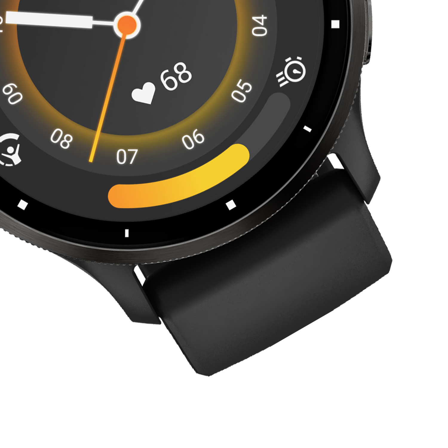 Nahaufnahme einer Smartwatch mit schwarzem Armband. Zeigt digitale Gesundheitsdaten.