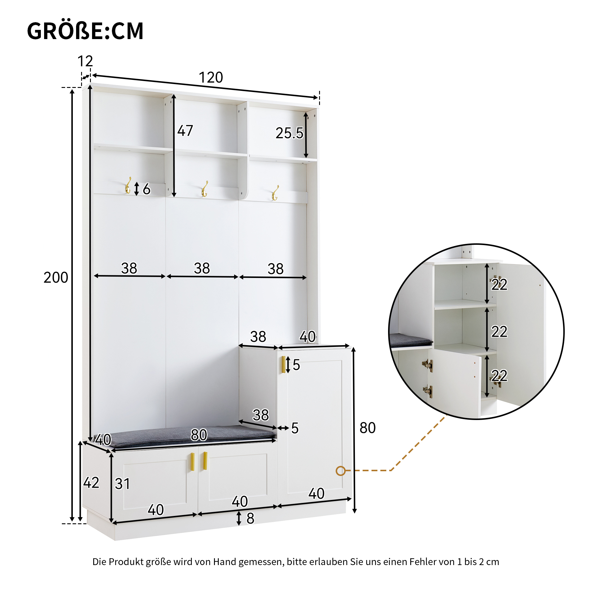 Weißer Schrank mit Maßen und Beschriftungen. Enthält Bank, Türen und Regale.