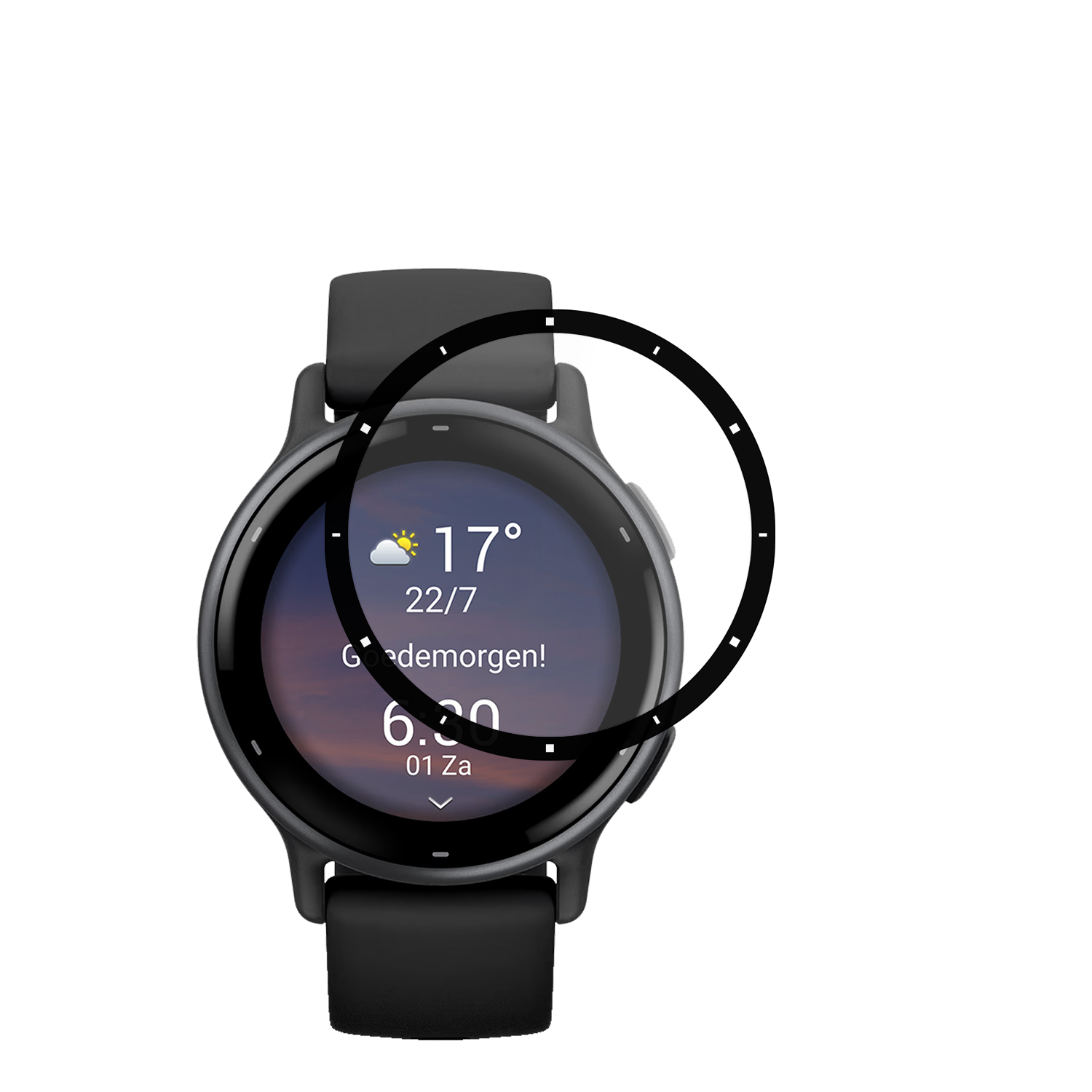 Eine Smartwatch mit der Uhrzeit 6:30 auf dem Bildschirm. Es zeigt Wetter und Zeit.