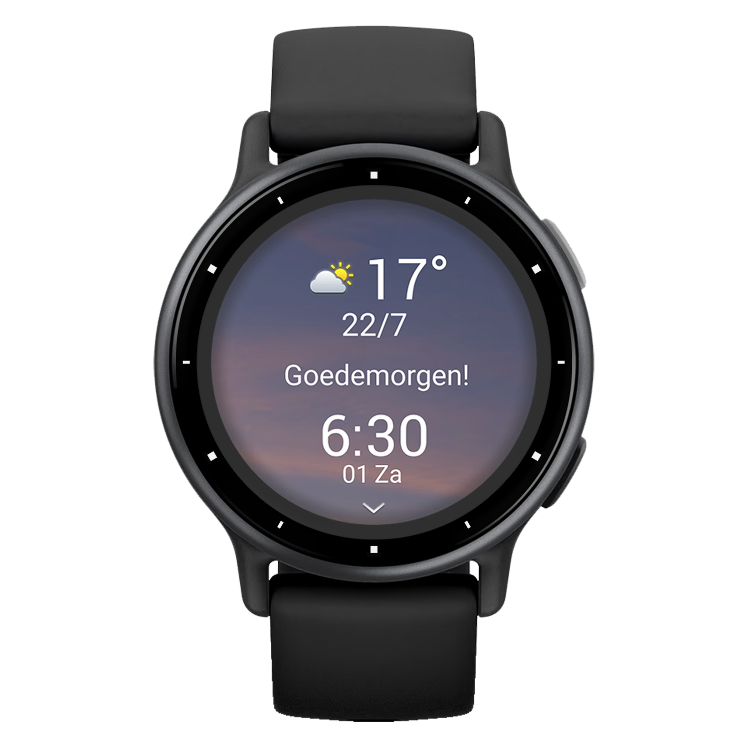 Schwarze Smartwatch mit Wetter-, Datums- und Zeitanzeige. Das Armband ist auch schwarz.