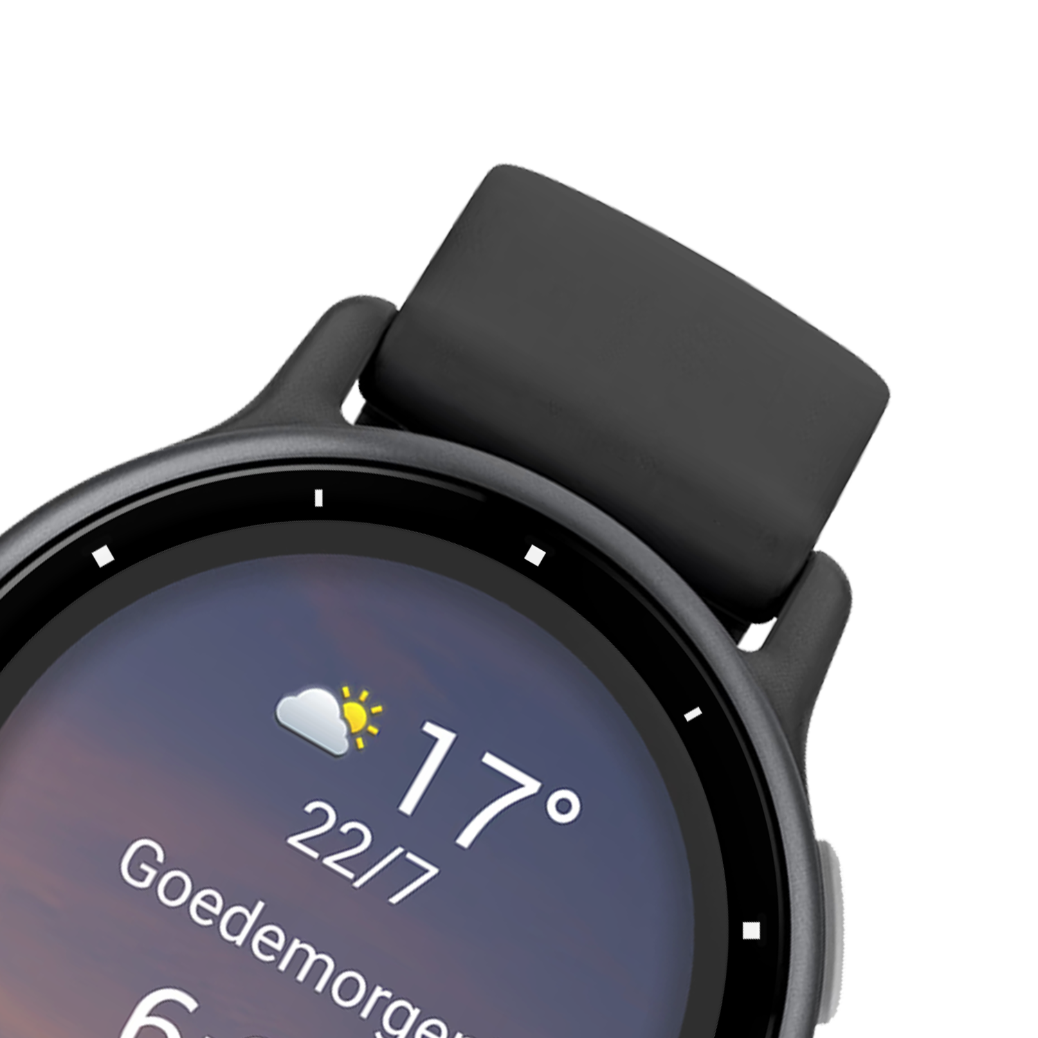 Smartwatch-Bildschirm mit Wetterdetails und dunklem Armband.