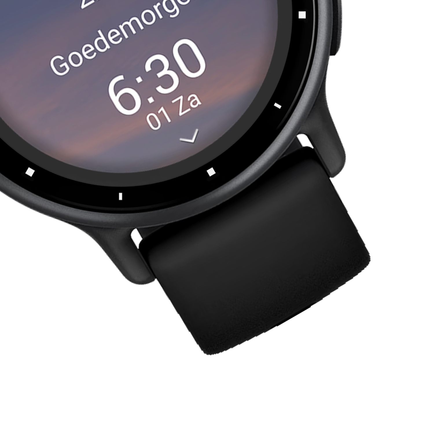 Nahaufnahme einer schwarzen Smartwatch mit Uhrzeit, Datum und dem Wort 'Goedemorgen!'