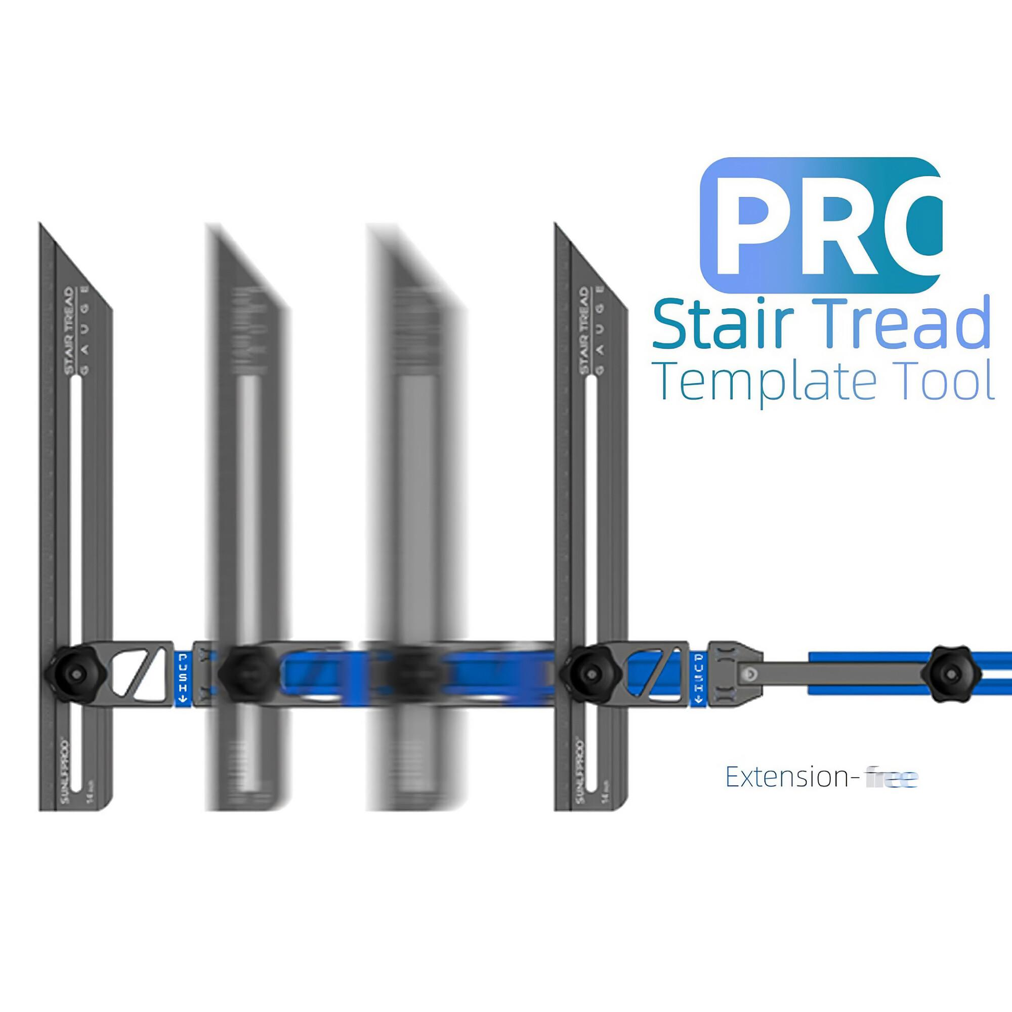 Ein Stufenprofil-Schablonenwerkzeug mit blauem Griff. Ein Logo sagt 'PRO Stair Tread Template Tool'.