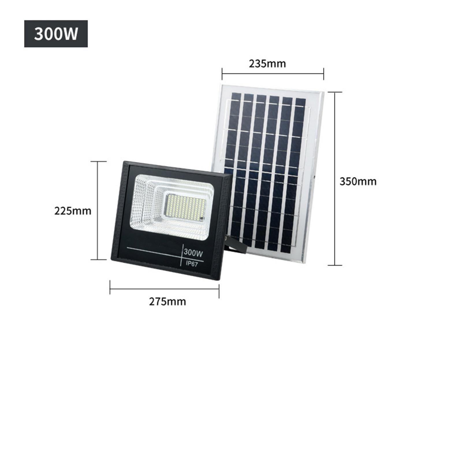 Ein schwarzes rechteckiges Solarpanel mit Abmessungen. Daneben ist ein schwarzes quadratisches Licht zu sehen. Text: 300W.