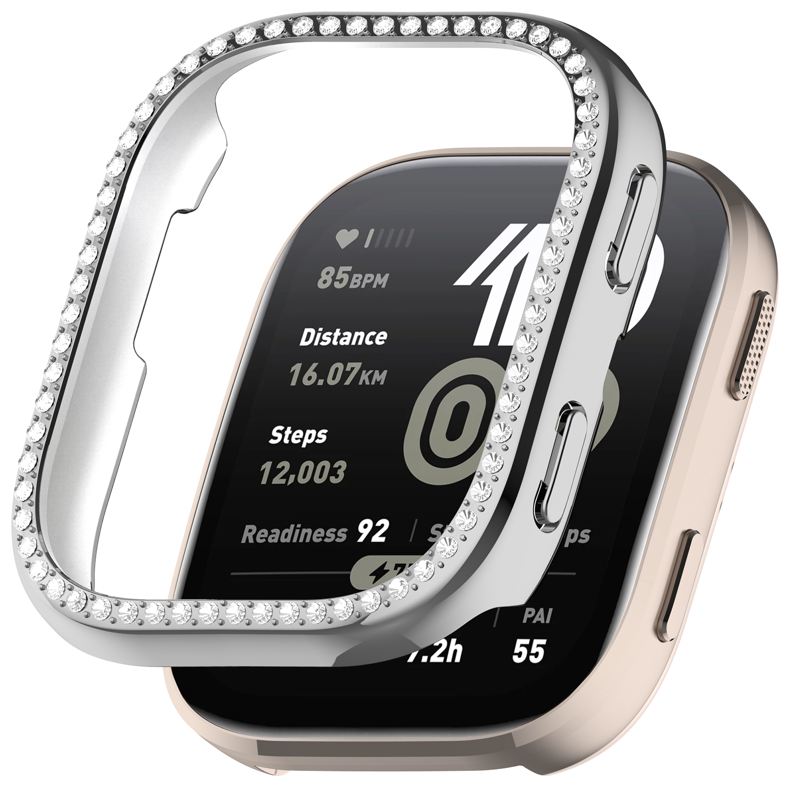 Uno smartwatch con una cover. La cover è argentata con cristalli. L'orologio mostra le metriche di salute.