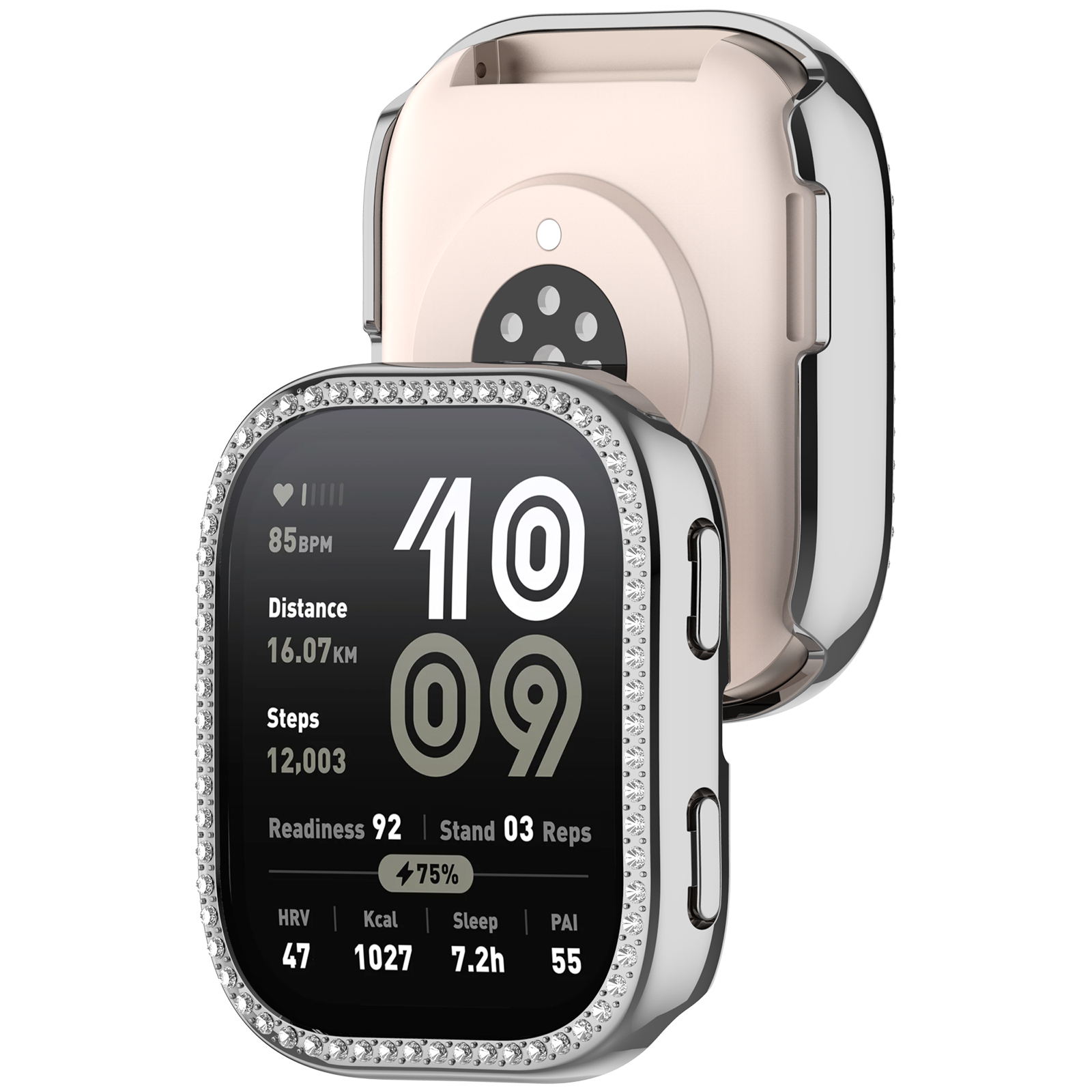Smartwatch che mostra statistiche e una custodia dietro.