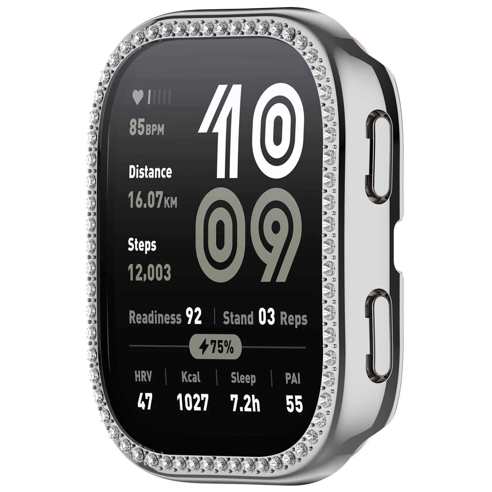 Smartwatch con cornice argentata e display che mostra frequenza cardiaca, ora, passi e altre metriche.