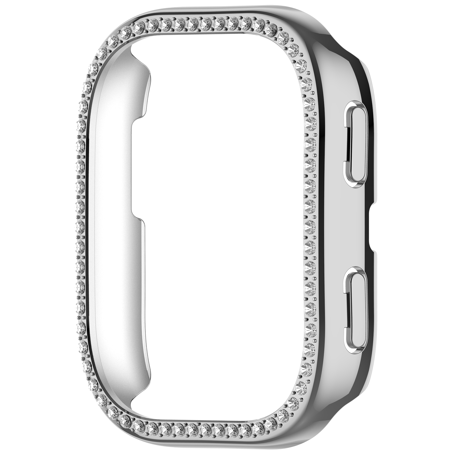 Una cover per smartwatch argentata con cristalli sul bordo. Lo sfondo è bianco.