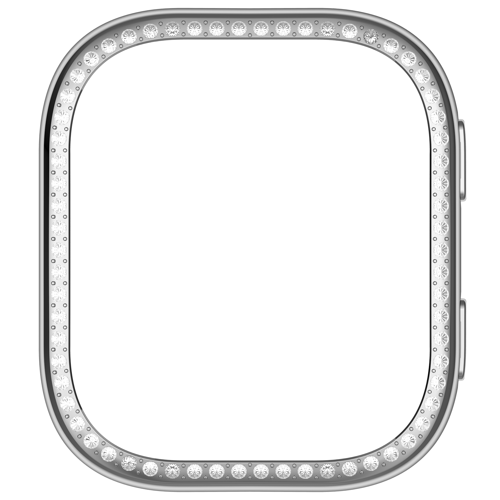 Cornice dell'orologio argentata con diamanti attorno al quadrante. Due pulsanti laterali.