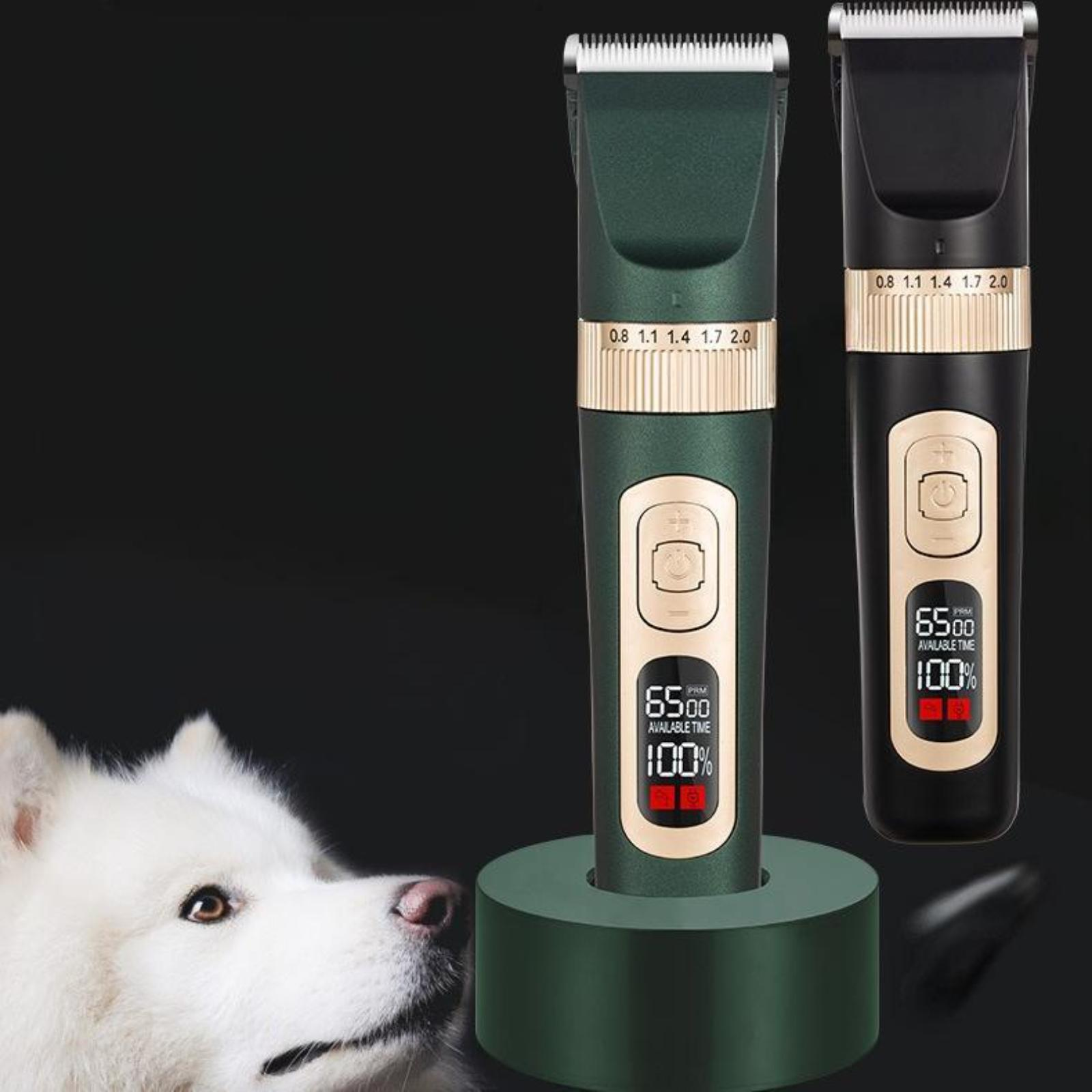 Zwei kabellose Haarschneidemaschinen auf einem Ständer, im Hintergrund ein weißer Hund, Nahaufnahme.