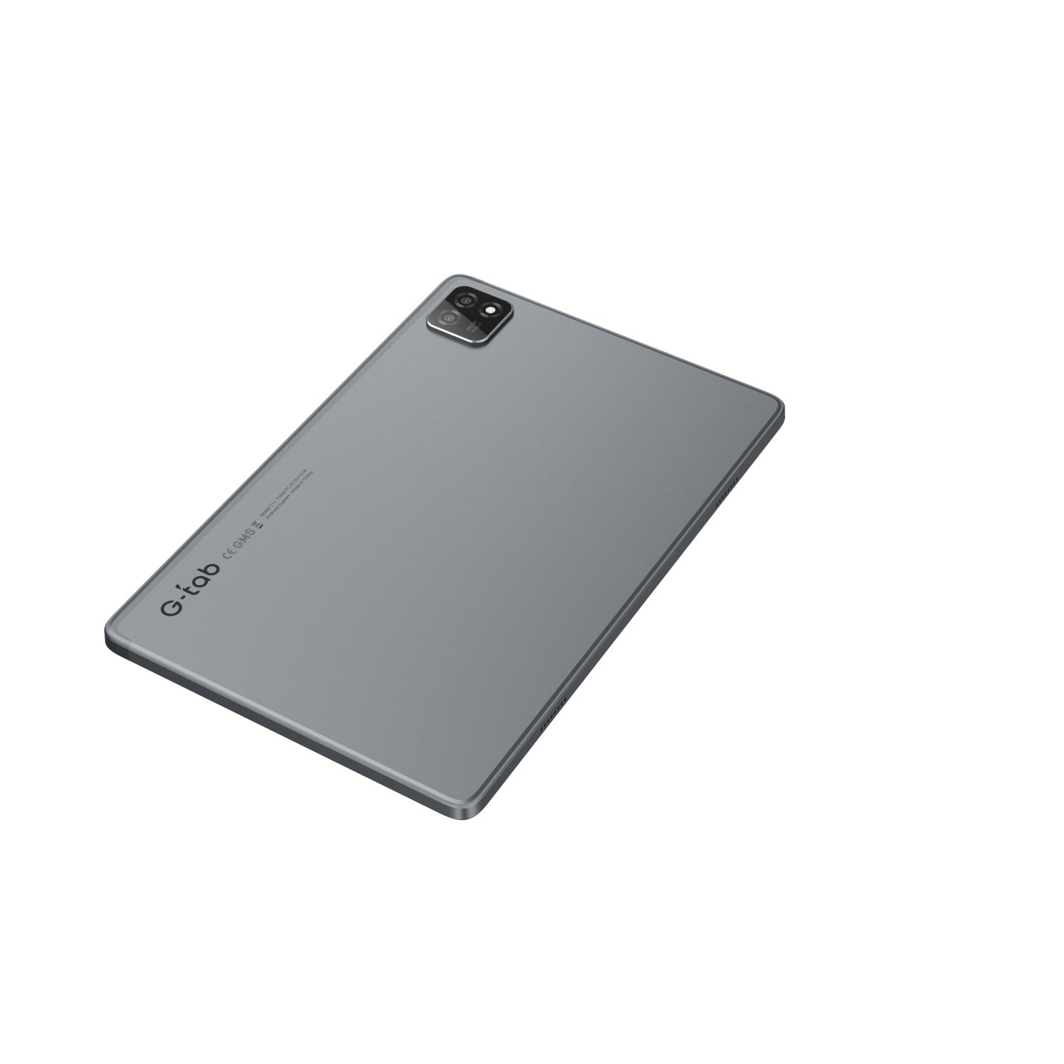 Graues Tablet mit Kamera auf der Rückseite. Schwarze Ränder.