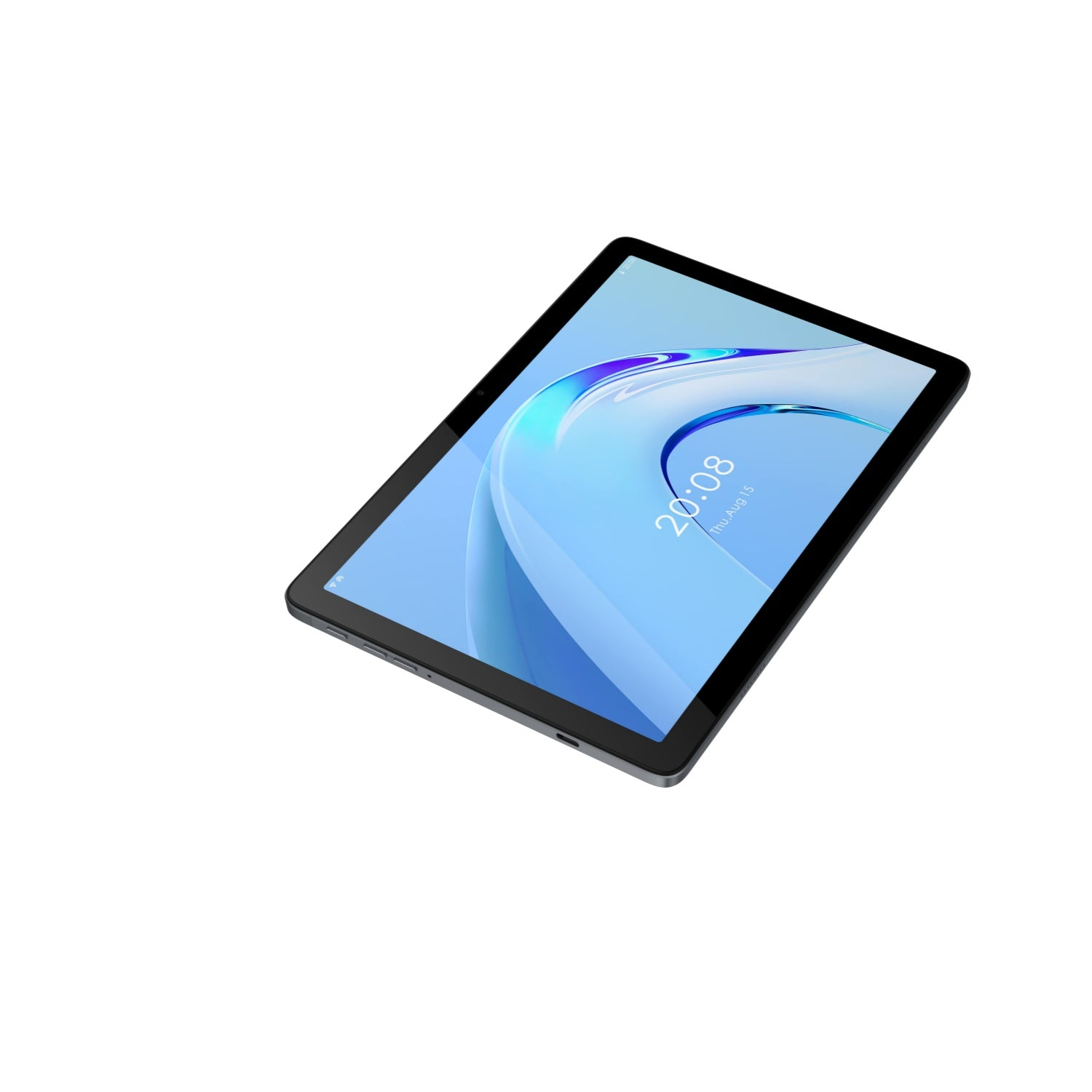 Schwarzes Tablet mit blauem Bildschirm, der Datum und Uhrzeit anzeigt.