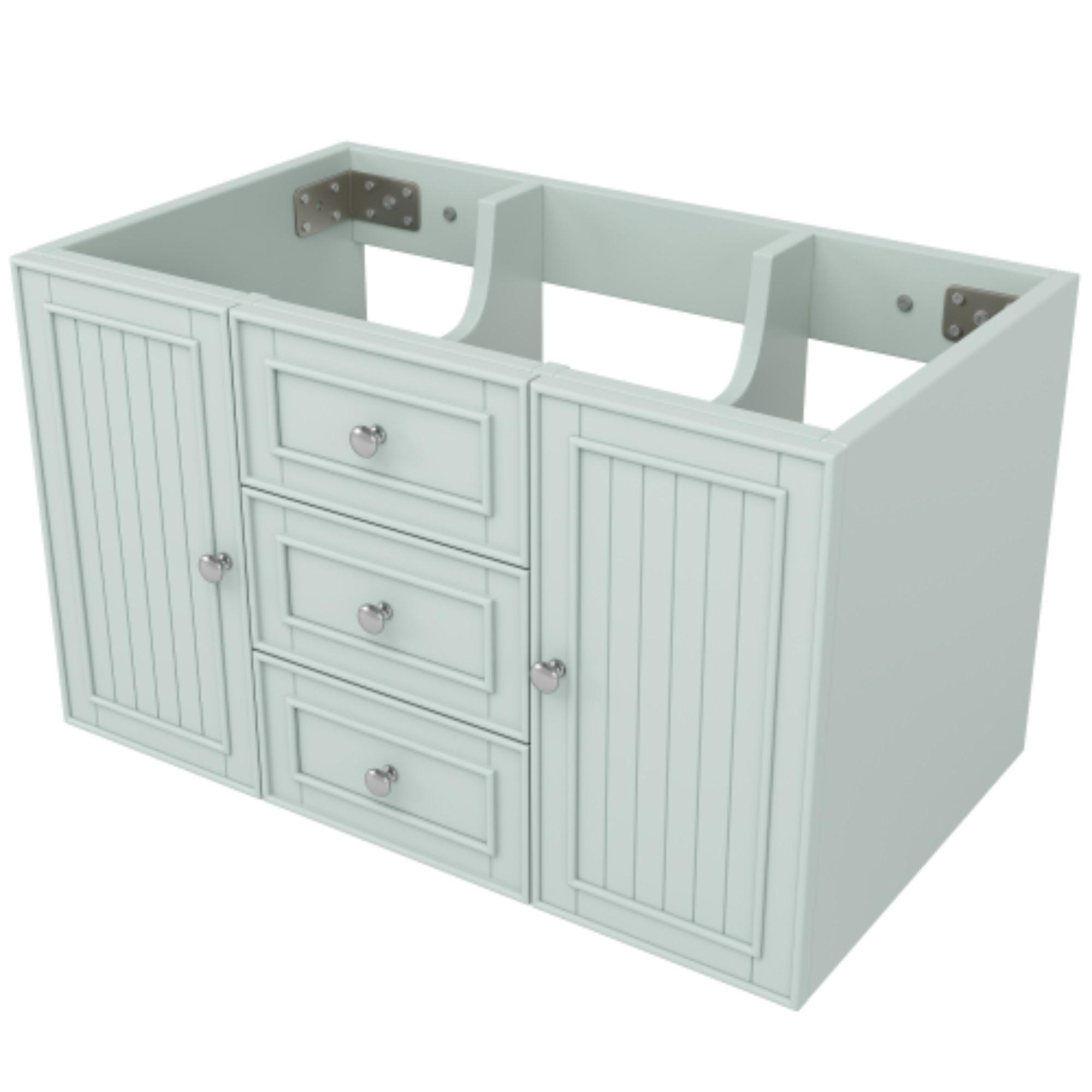 Hellblauer Schrank mit drei Schubladen und zwei Türen. Silberne Griffe.