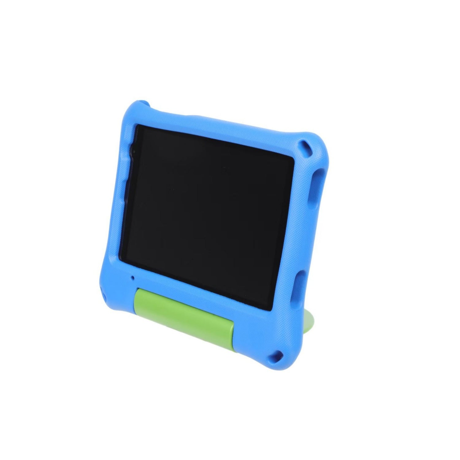 Tablet blu in una custodia blu e verde con un supporto.