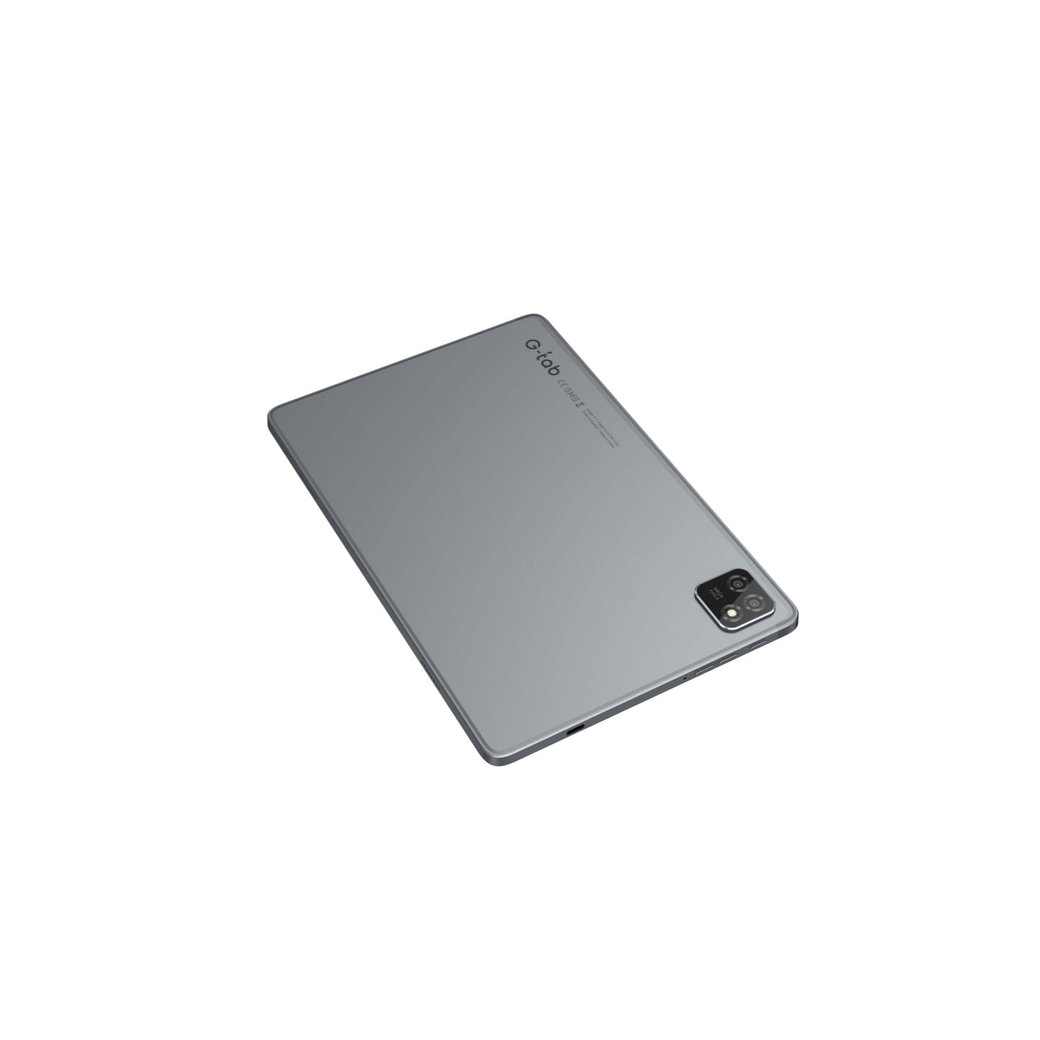 Graues Tablet auf weißem Hintergrund. Es hat eine Kamera und den Markennamen.