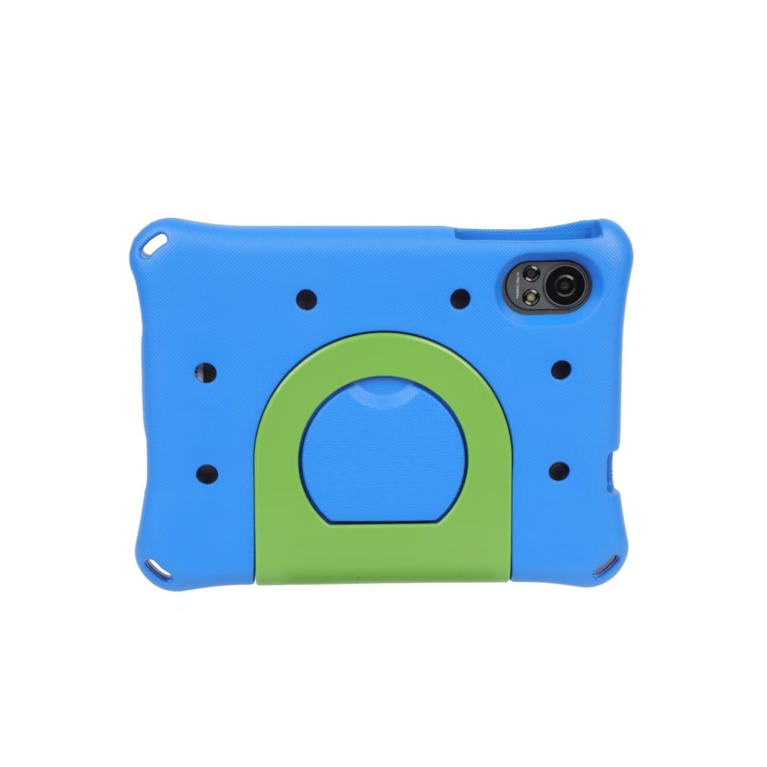 Una custodia per tablet blu e verde con supporto. Il retro ha un obiettivo della fotocamera.