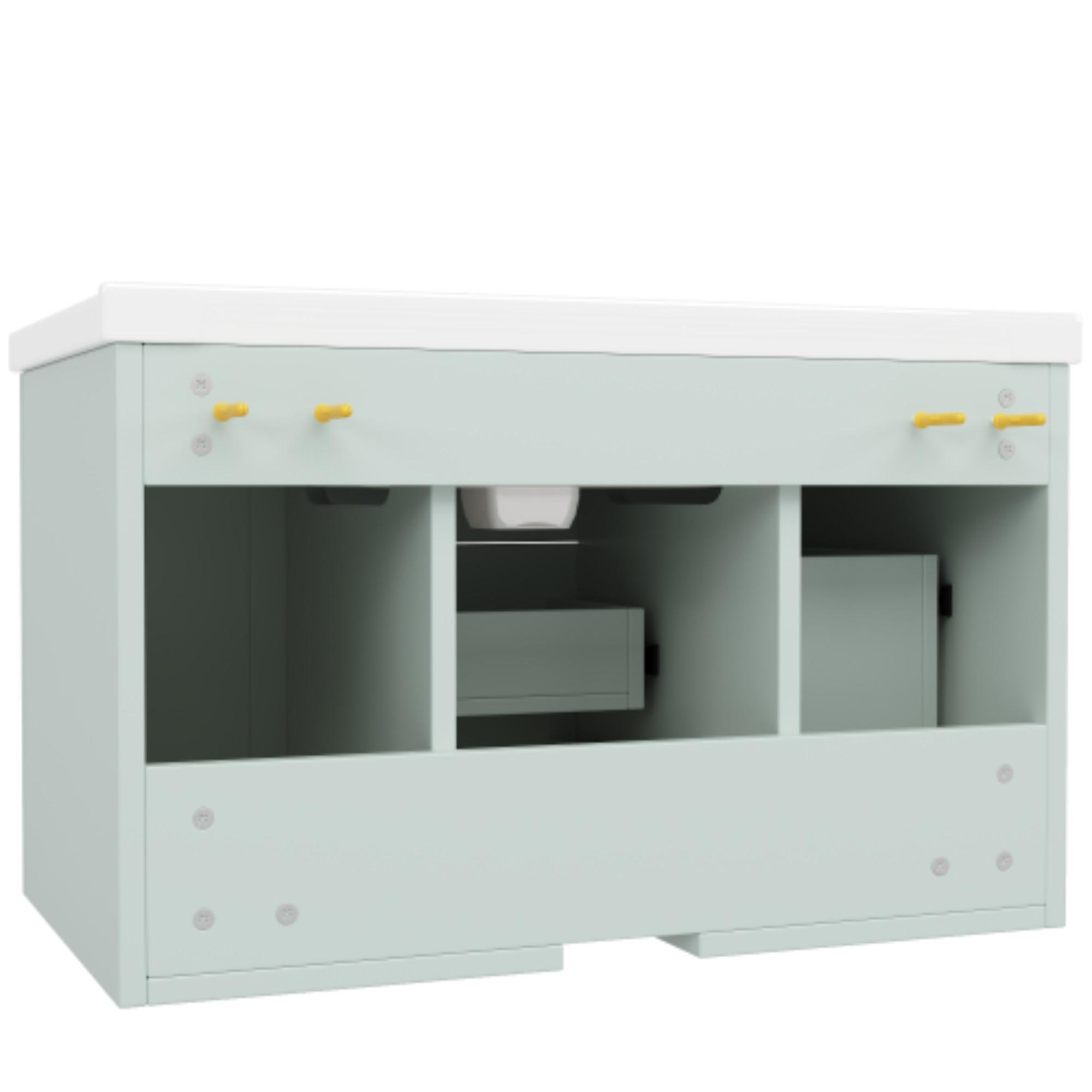 Ein hellgrüner Schrank wird von hinten gezeigt. Es gibt gelbe Griffe.