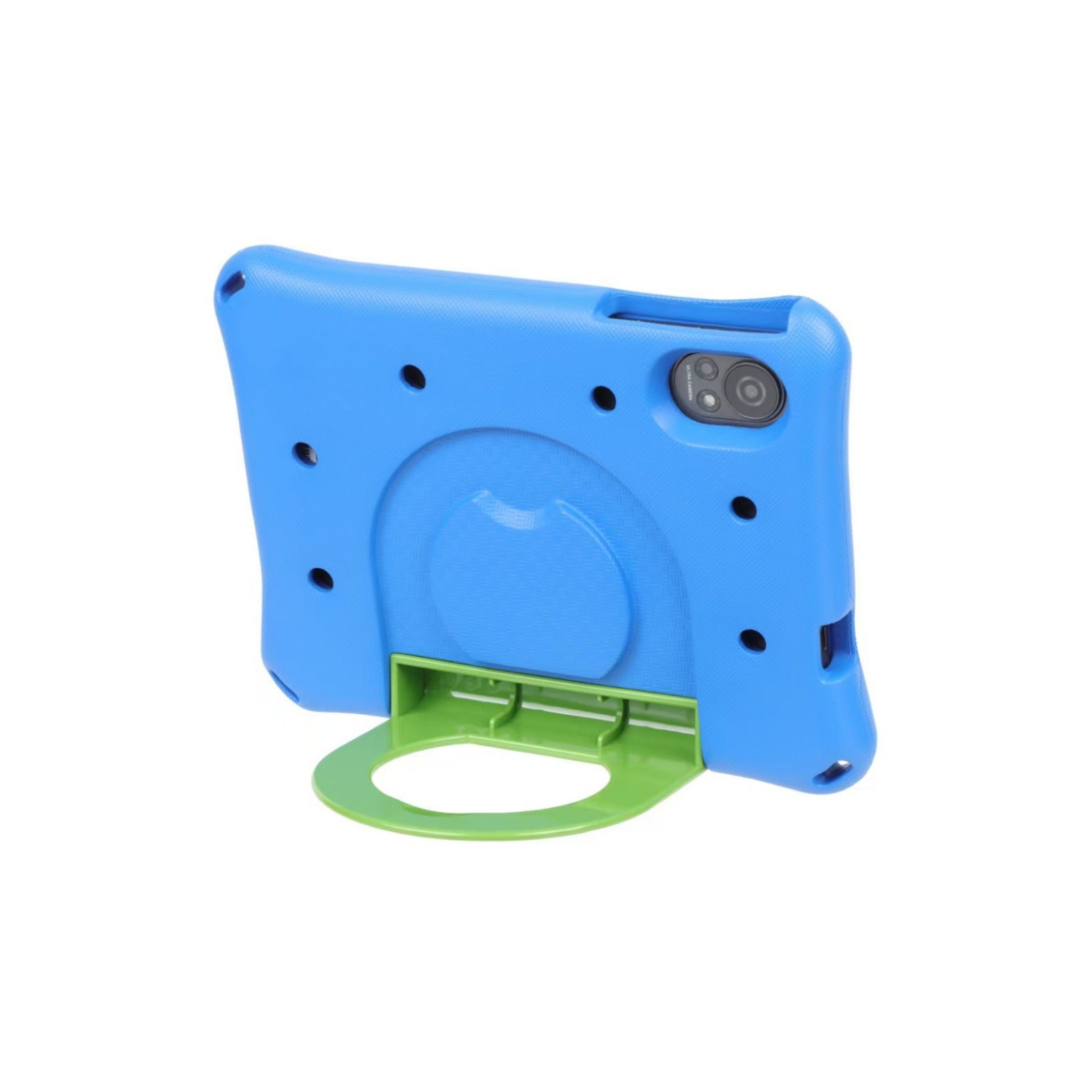 Custodia blu per tablet con supporto verde. La custodia ha una fotocamera sul retro.
