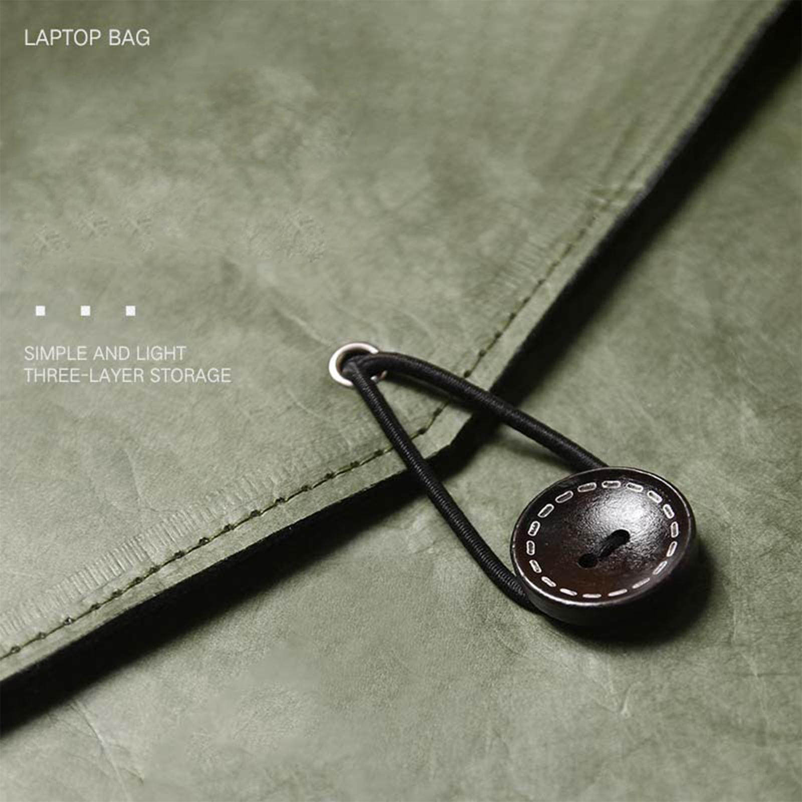 Eine Laptoptasche mit Knopfverschluss. Text sagt einfach und leicht, dreischichtige Aufbewahrung.