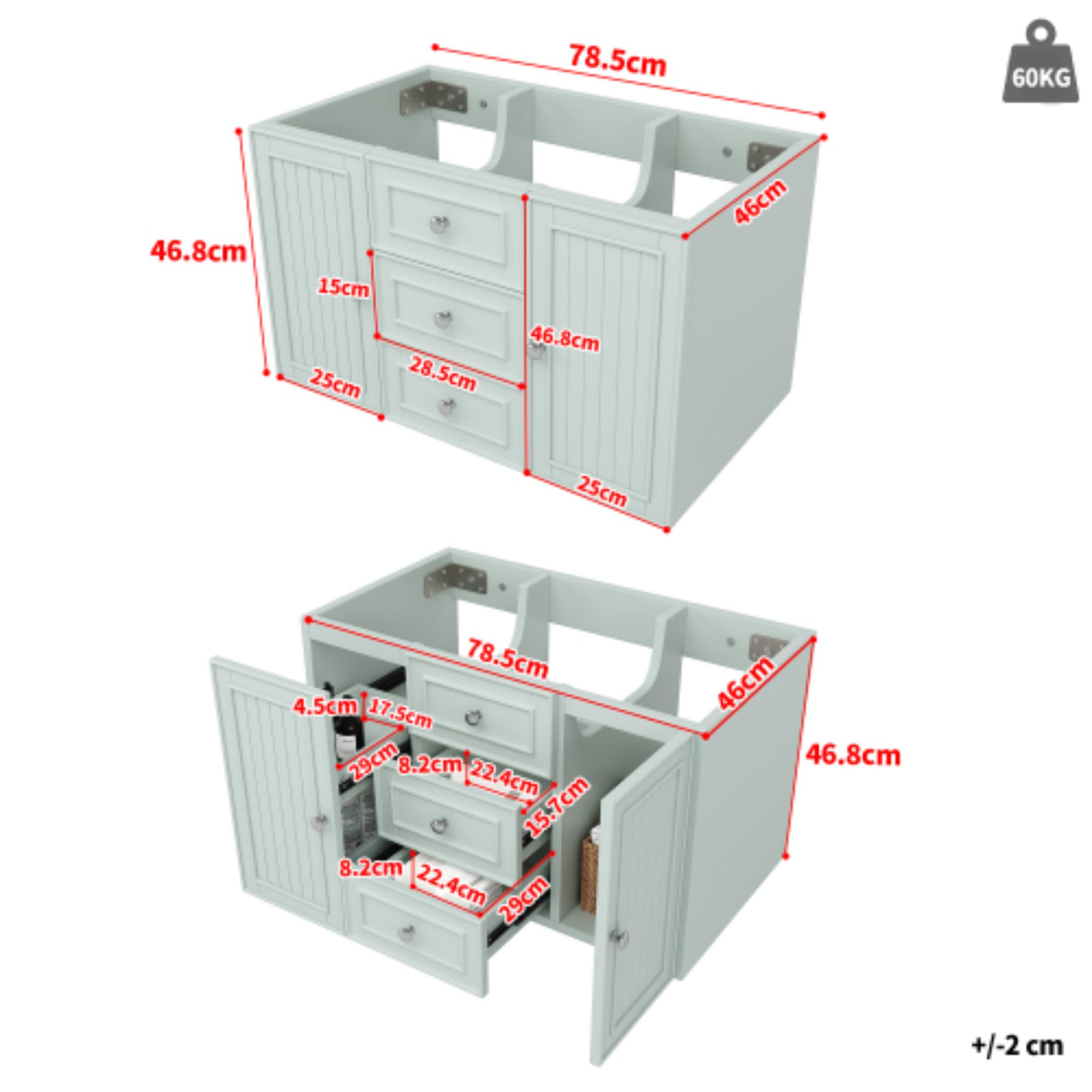 Hellblauer Badezimmerschrank mit Schubladen. Abmessungen sind am Schrank beschriftet. Gewicht ist 60KG.