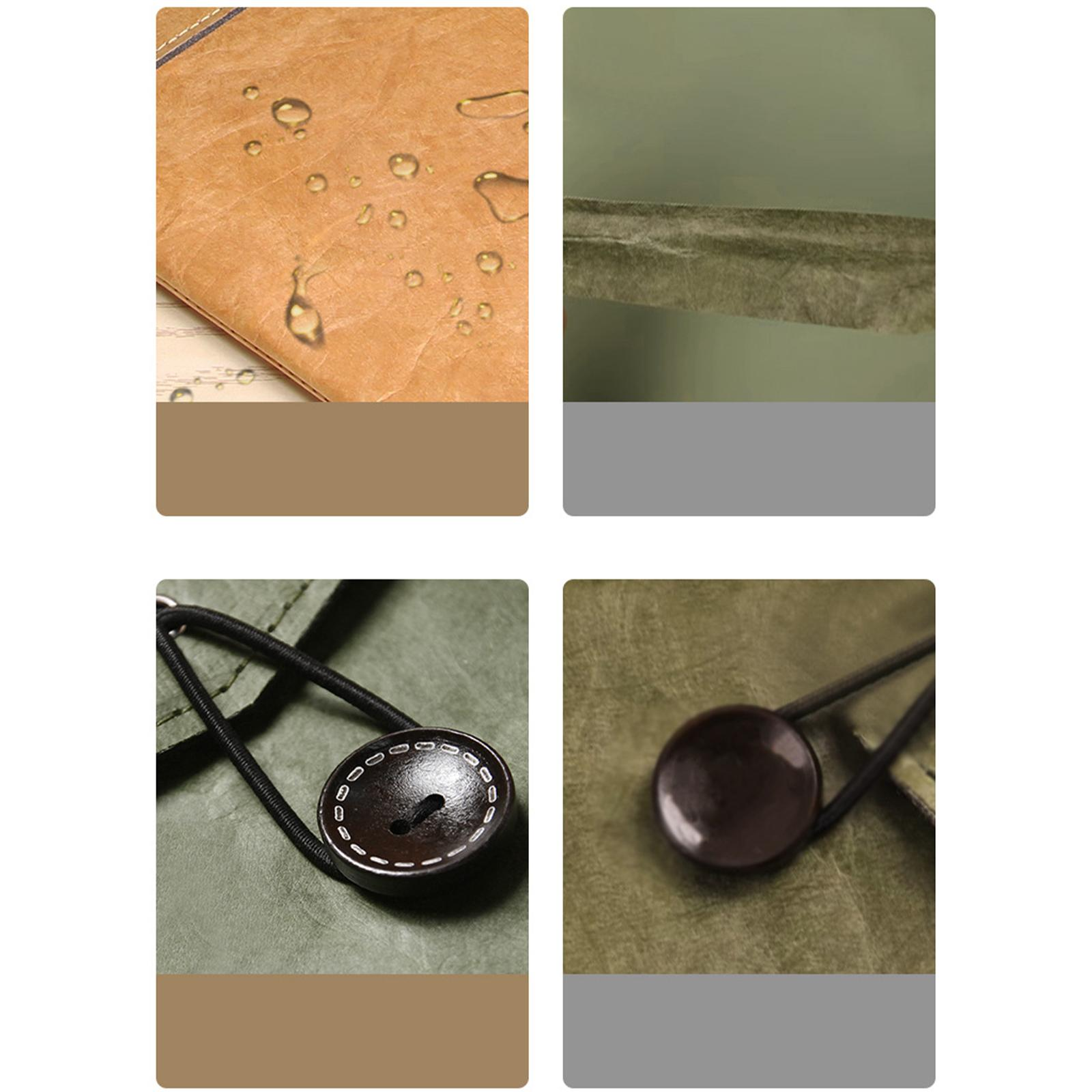 Nahaufnahme von braunem Leder mit Wassertropfen und einem Knopf an einem Riemen.
