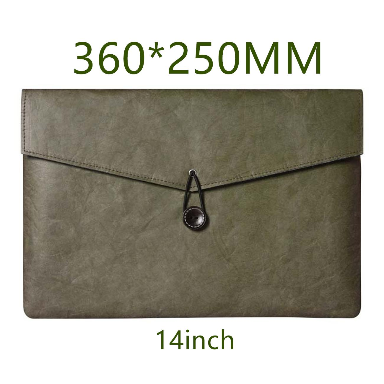 Olivgrüne 14-Zoll-Laptoptasche. Sie hat einen Knopfverschluss und die Abmessungen betragen 360x250mm.