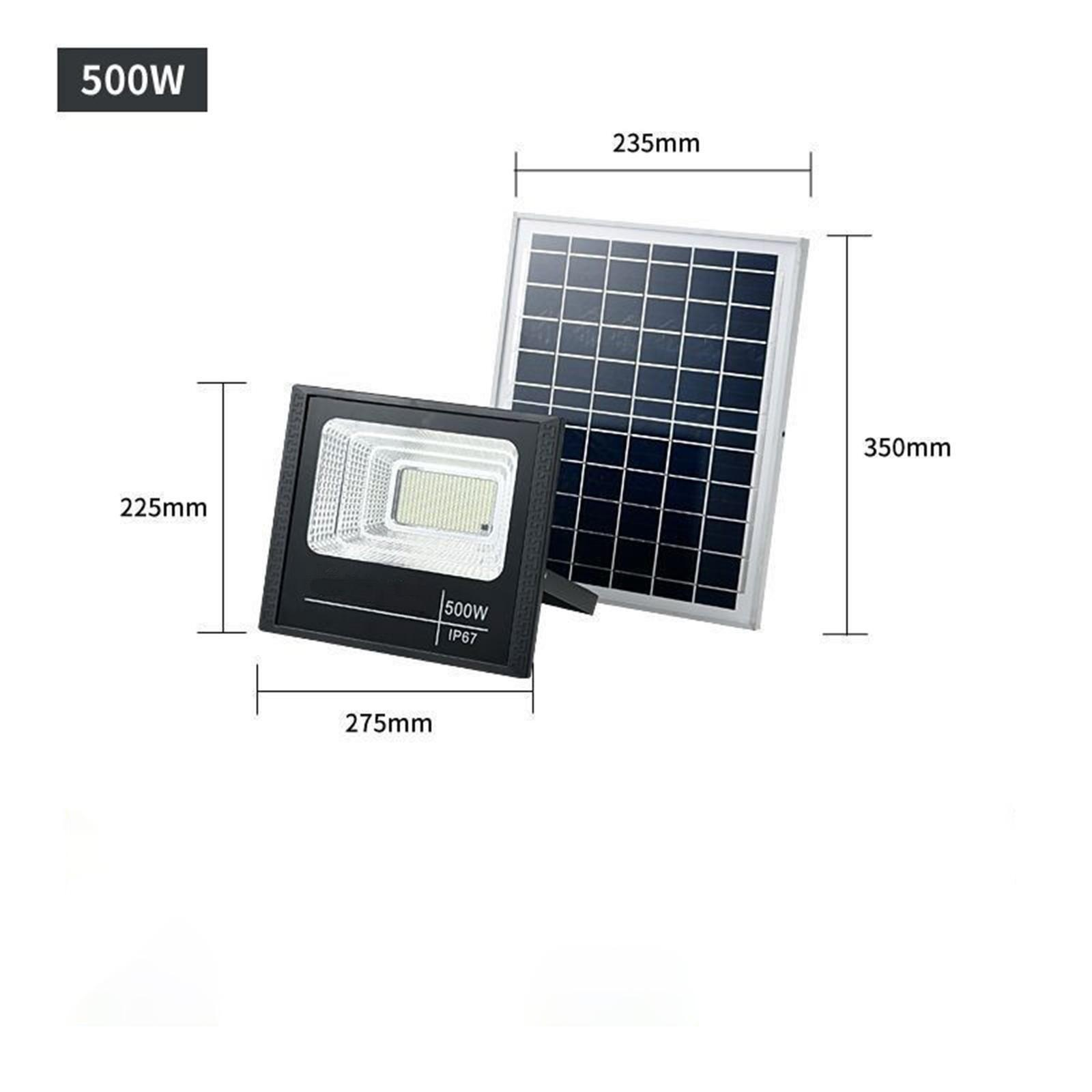 Solarpanel und eine schwarze quadratische LED-Leuchte mit Abmessungen und Leistungsdaten.
