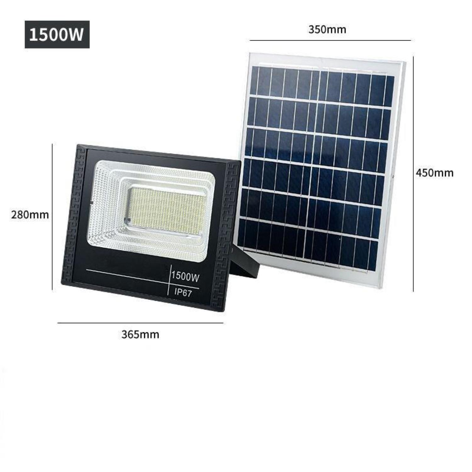 Solarpanel und LED-Licht. Panel 450mm x 350mm. Licht 365mm x 280mm. Abmessungen beschriftet.