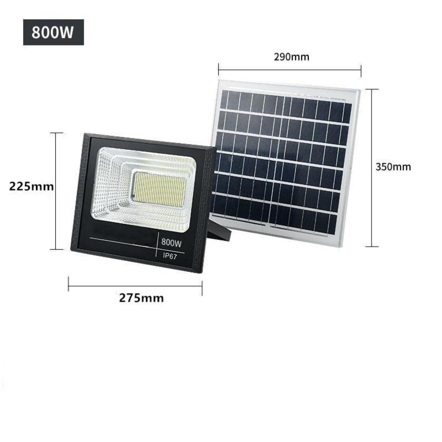 Ein Solarpanel neben einem schwarzen Flutlicht mit den Abmessungen: 290 mm, 350 mm, 225 mm, 275 mm.