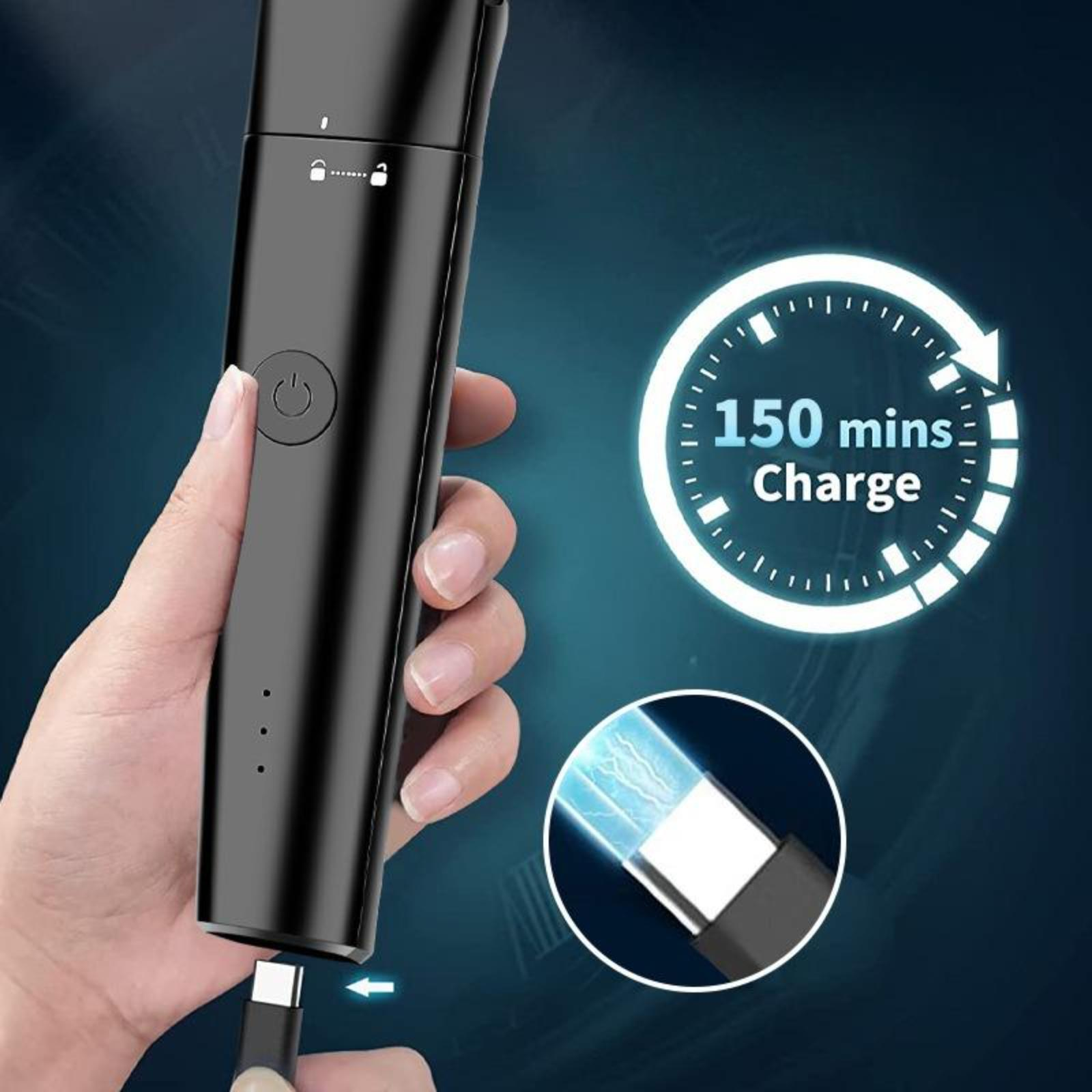 Schwarzer Trimmer in der Hand, Aufladen mit USB-C-Kabel. Infografik: 150 Minuten Ladezeit.