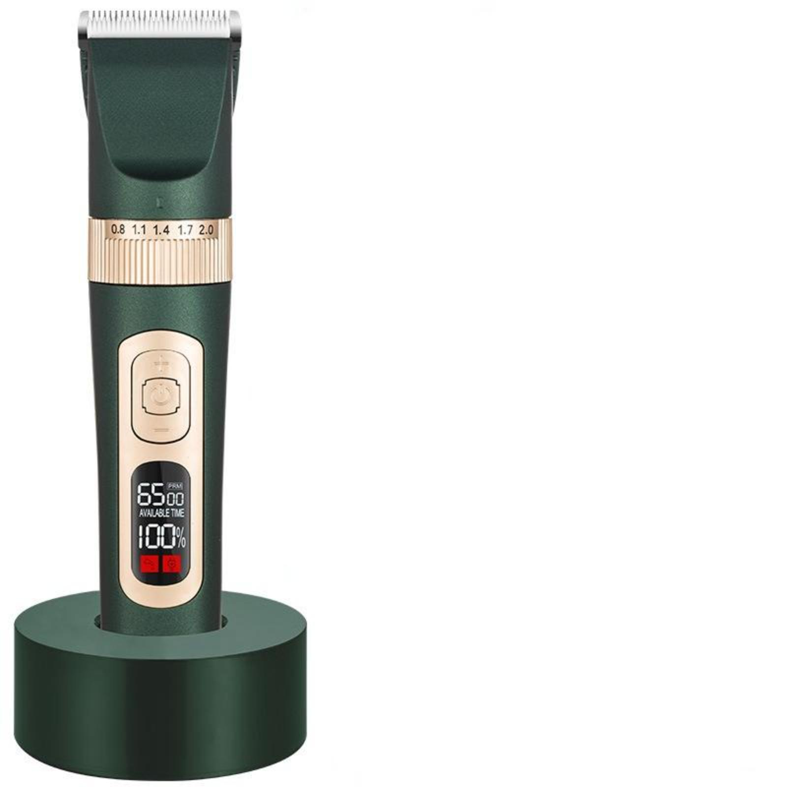 Grüner Haarschneider mit LCD-Bildschirm und Ständer, vor weißem Hintergrund.