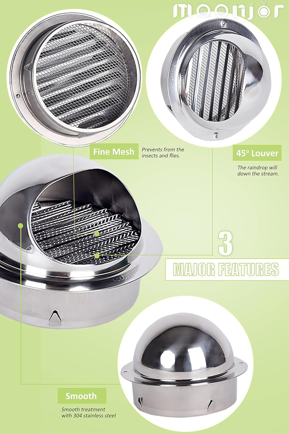 Drei Edelstahl-Ventilationsmerkmale: feines Mesh, 45° Lamelle und glattes Edelstahl-Finish.
