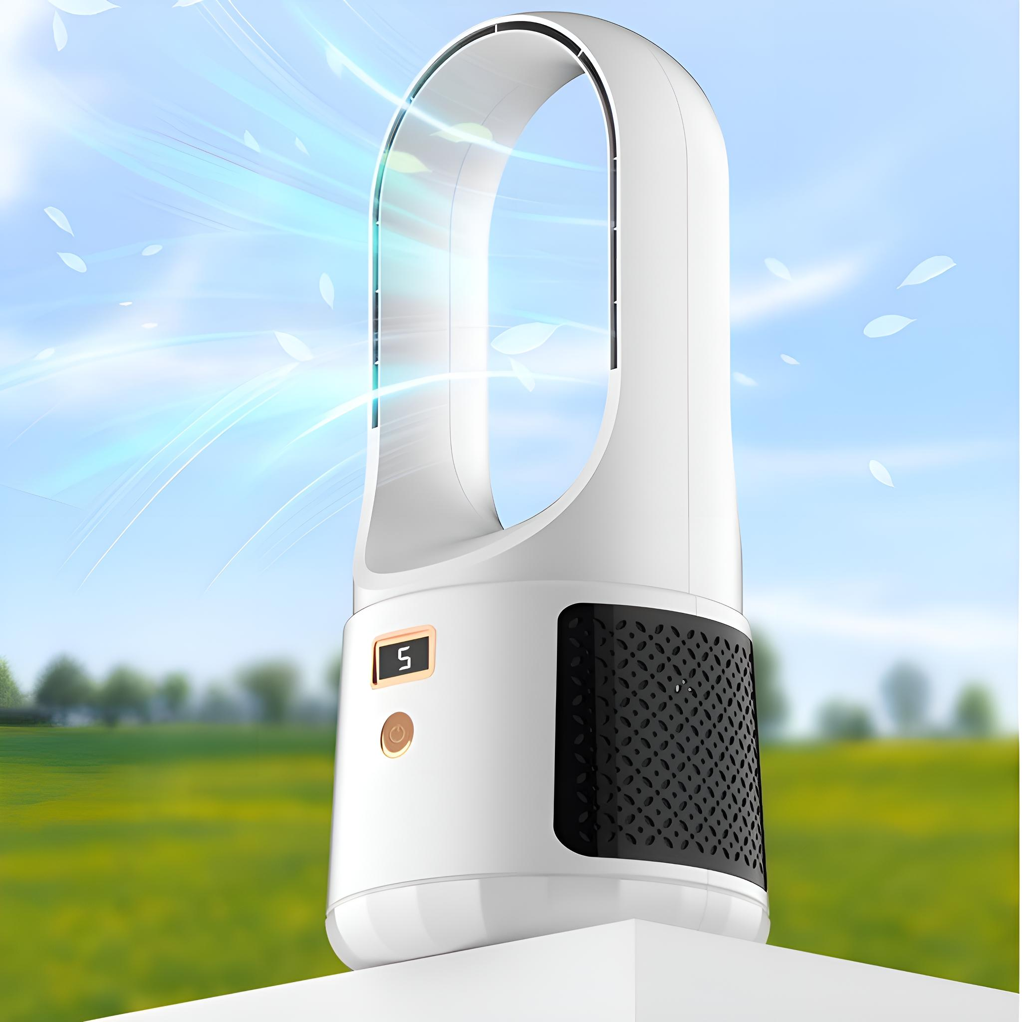Weißer, schwarzer, blattloser Ventilator mit Display, auf weißer Oberfläche. Blaue Luft.