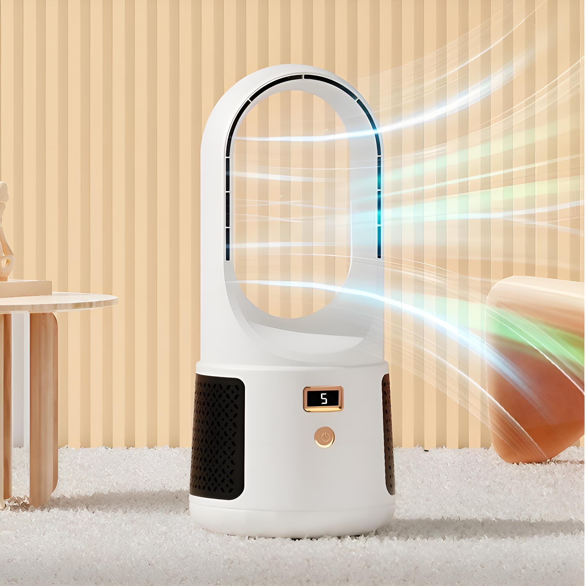 Weißer, schwarzer, blattloser Ventilator mit Display, auf einer Oberfläche. Luft bläst.