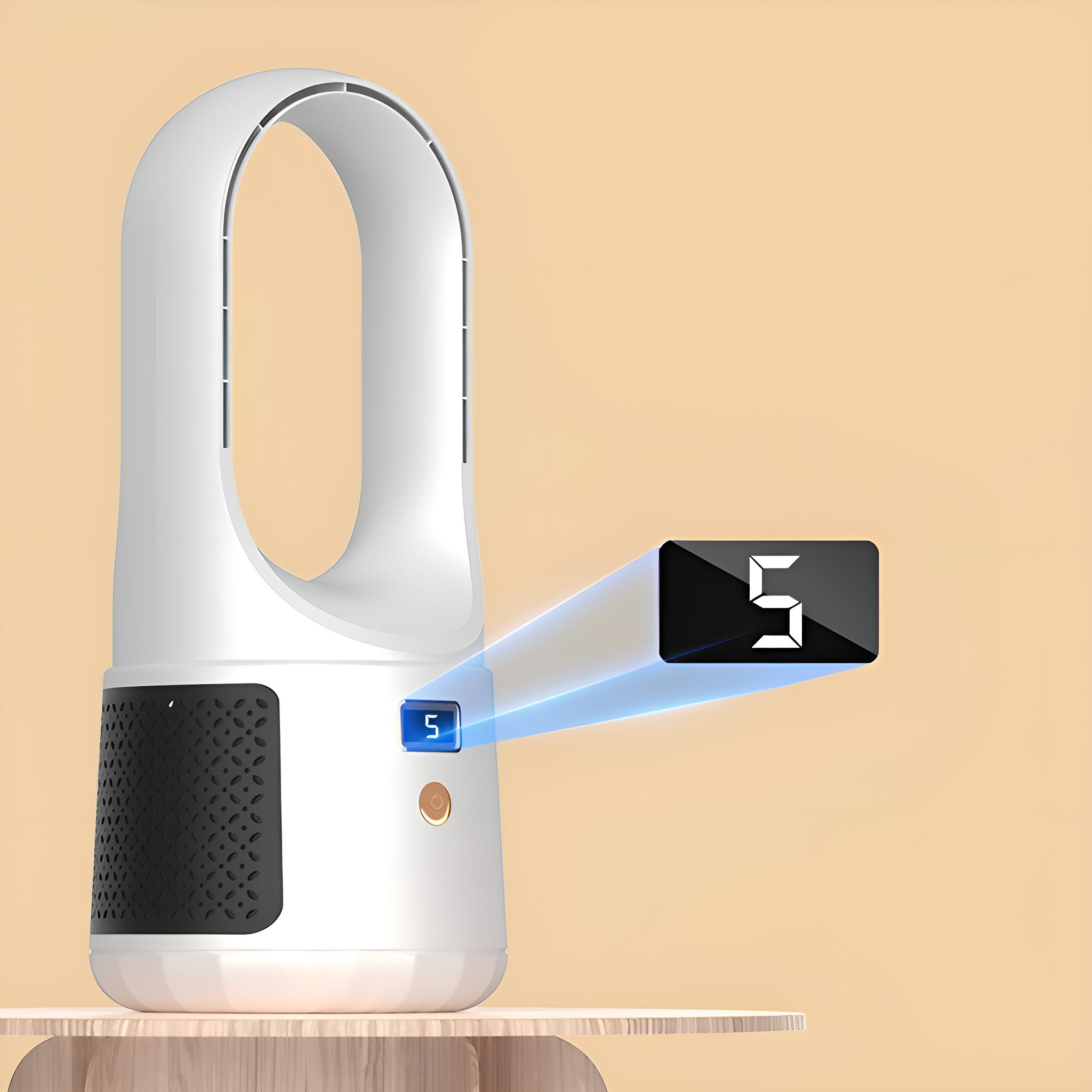 Weißer und schwarzer Turmventilator mit digitaler Anzeige, die die Zahl Fünf zeigt.