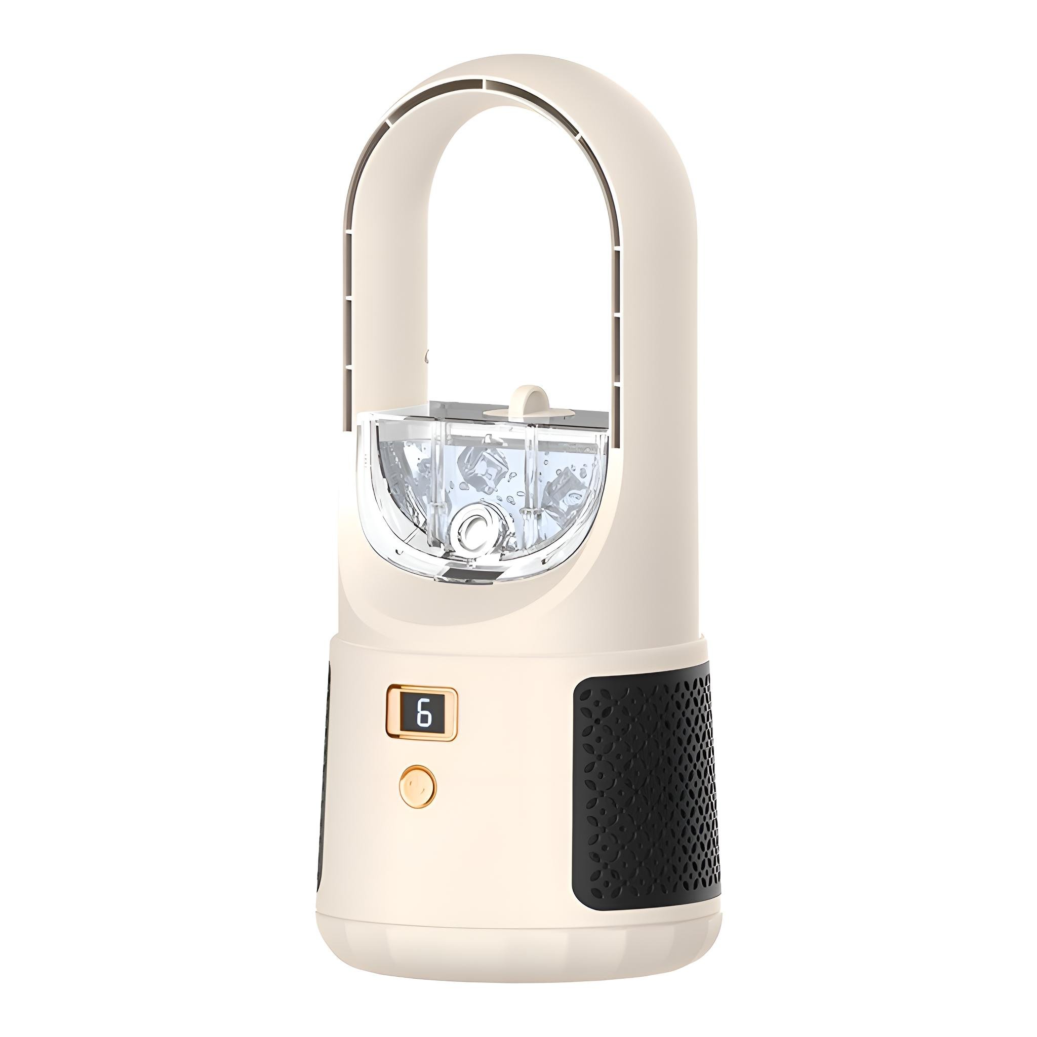Creme- und schwarzer, blattloser Ventilator mit Display, auf weißer Oberfläche.