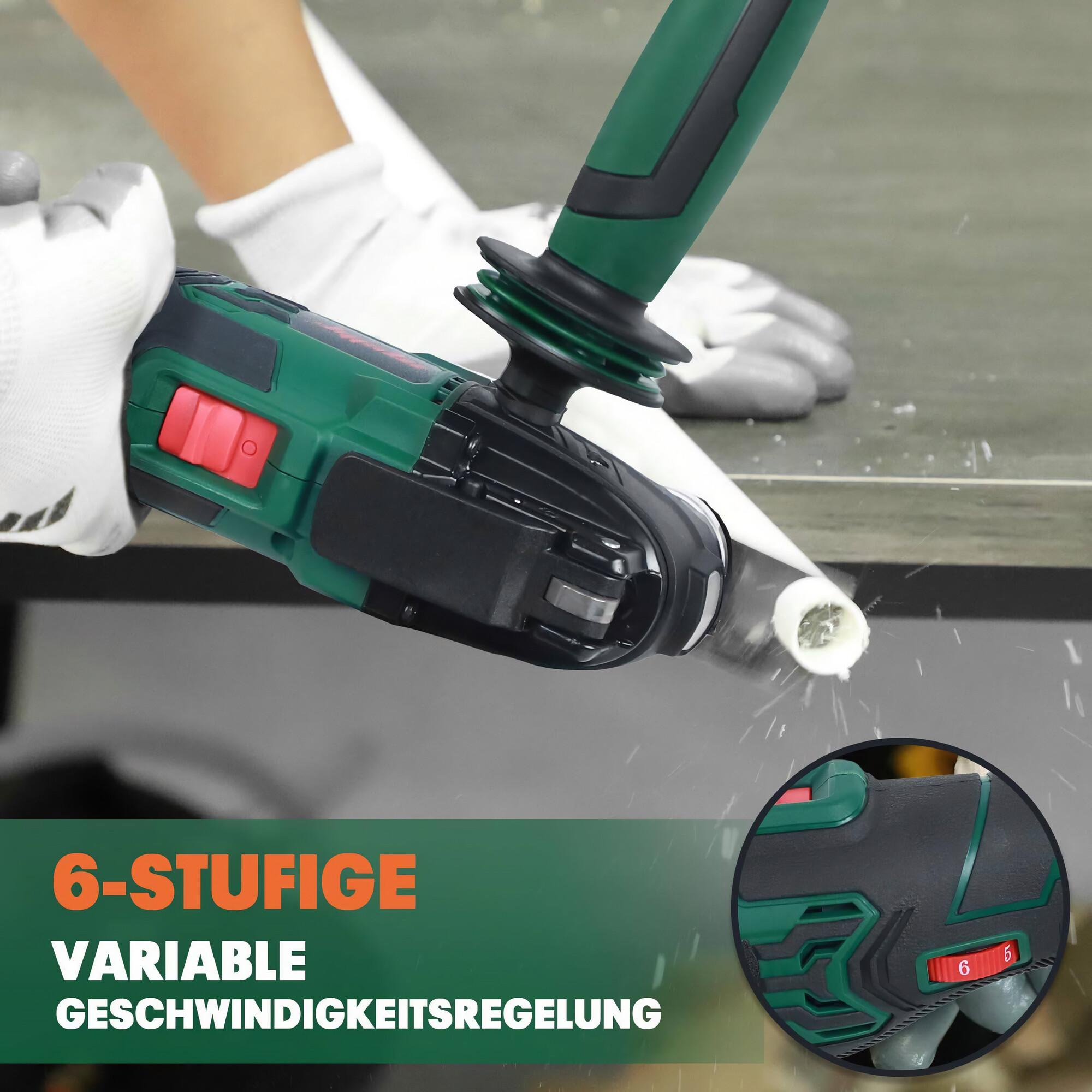 Grünes und schwarzes Elektrowerkzeug mit Hand, die den Drehzahlregler einstellt.