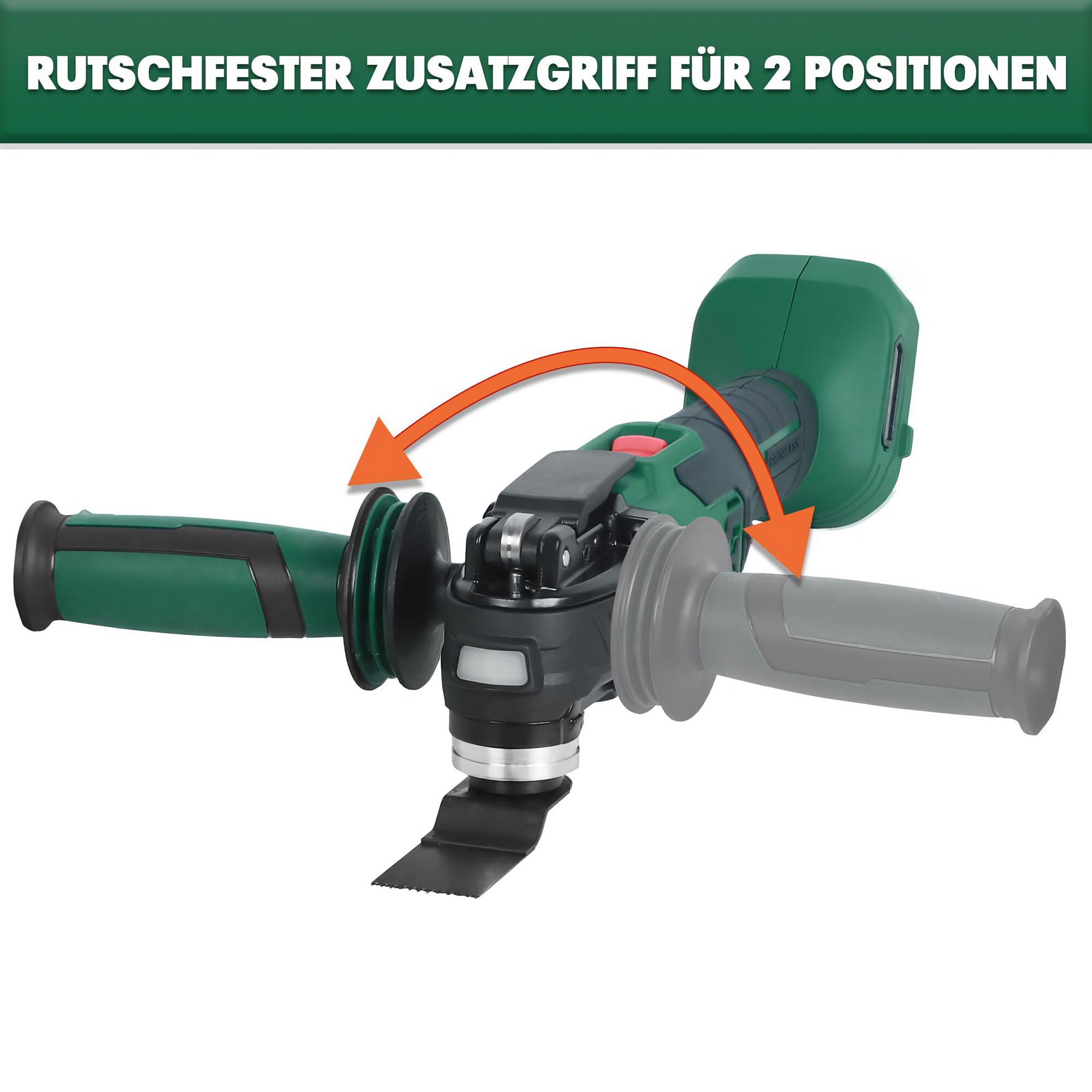 Grünes und schwarzes Multitool mit verstellbarem Griff in mehreren Positionen.