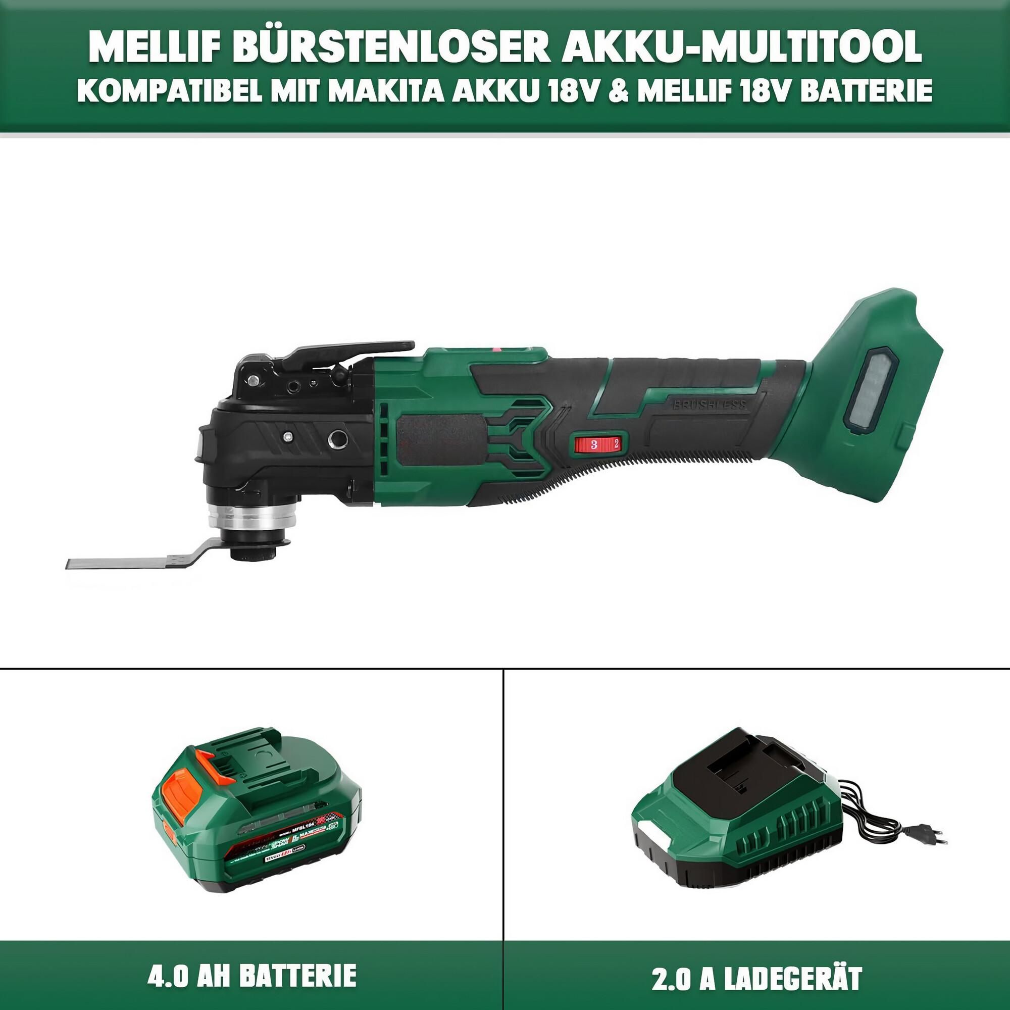 Ein grünes und schwarzes Multitool, mit Akku und Ladegerät. Das Werkzeug befindet sich auf weißem Hintergrund.