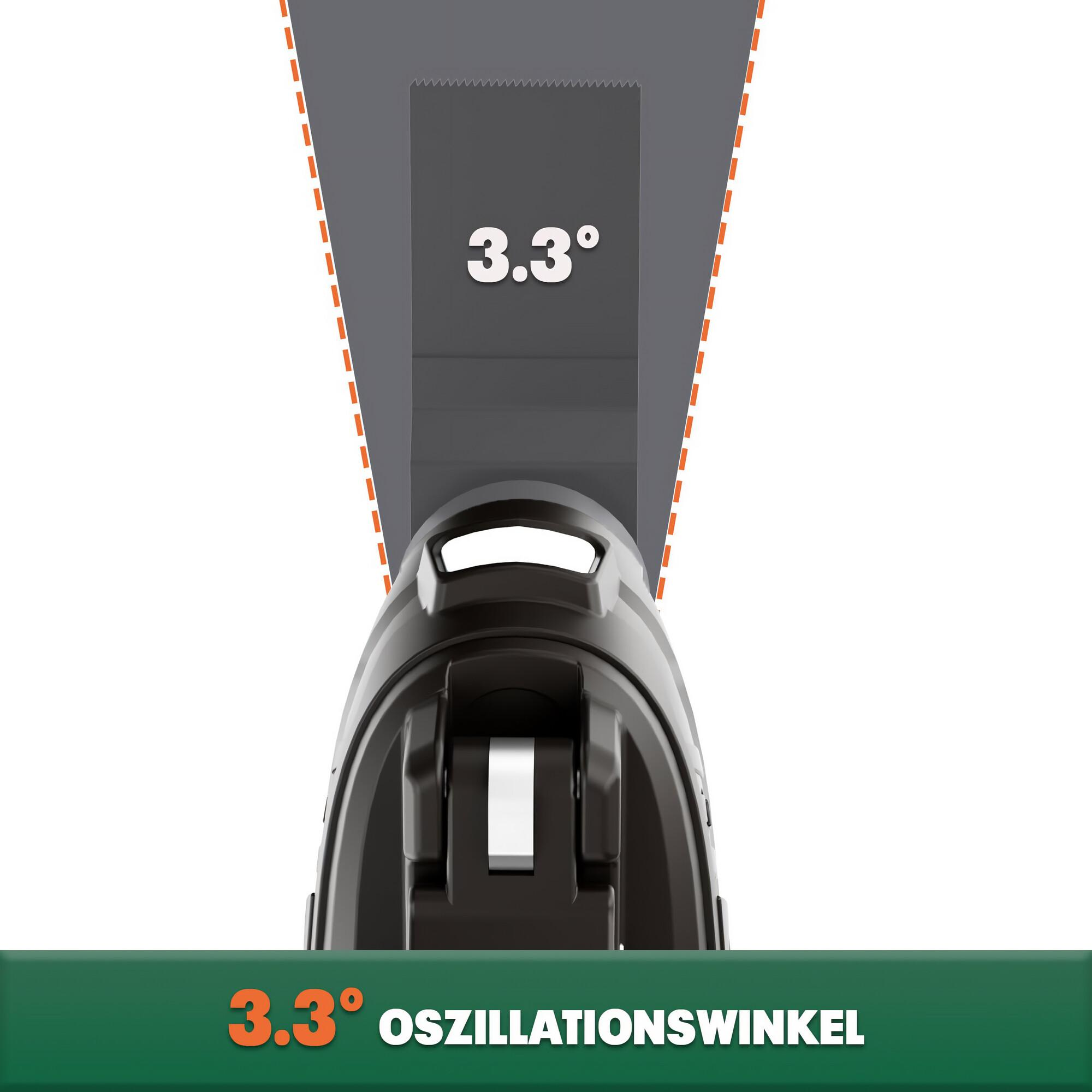 Nahaufnahme einer Multitool-Klinge beim Schneiden. Winkel von 3,3 Grad.