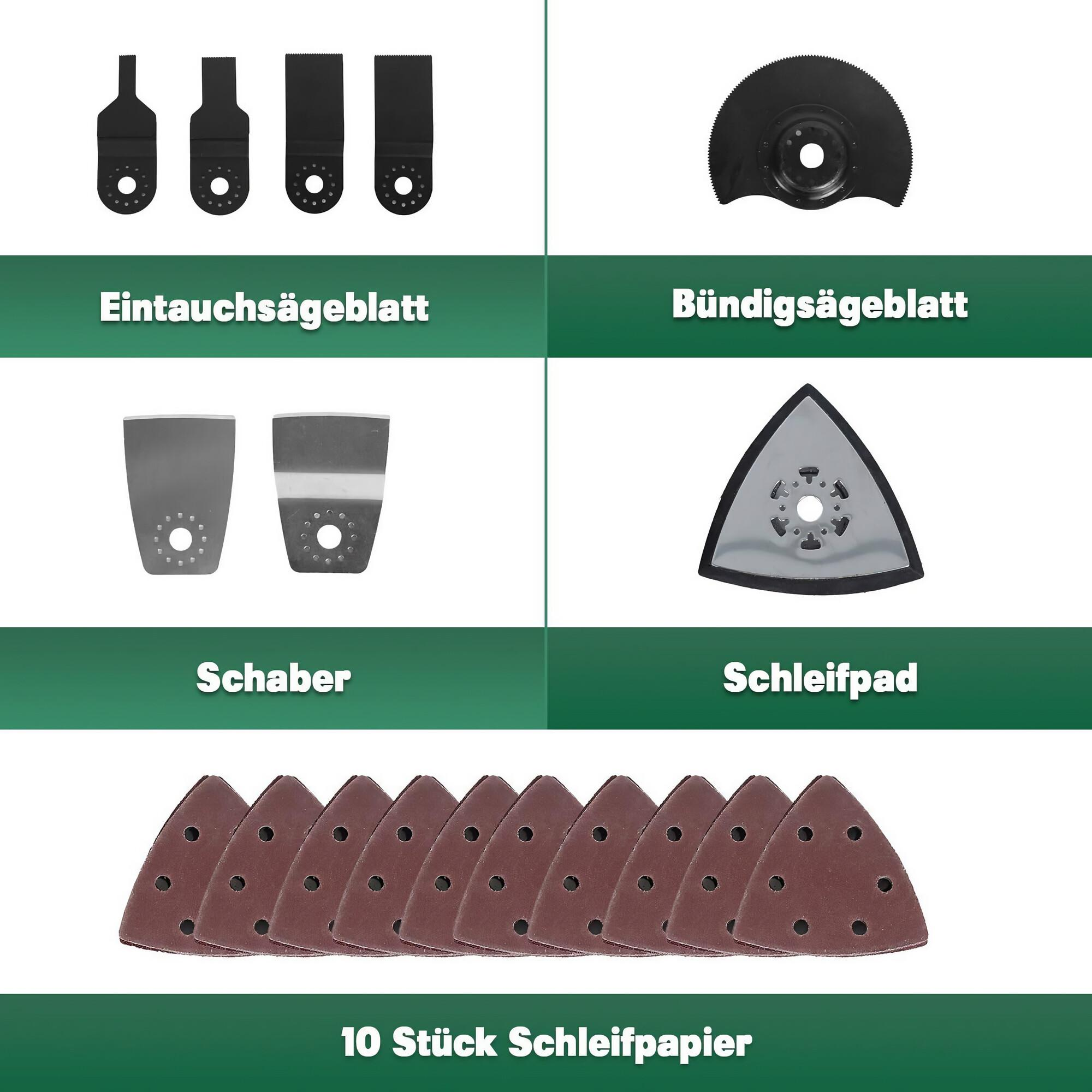Multitool-Zubehör: Sägeblätter, Schaber und Schleifpads. Braune Schleifpads.
