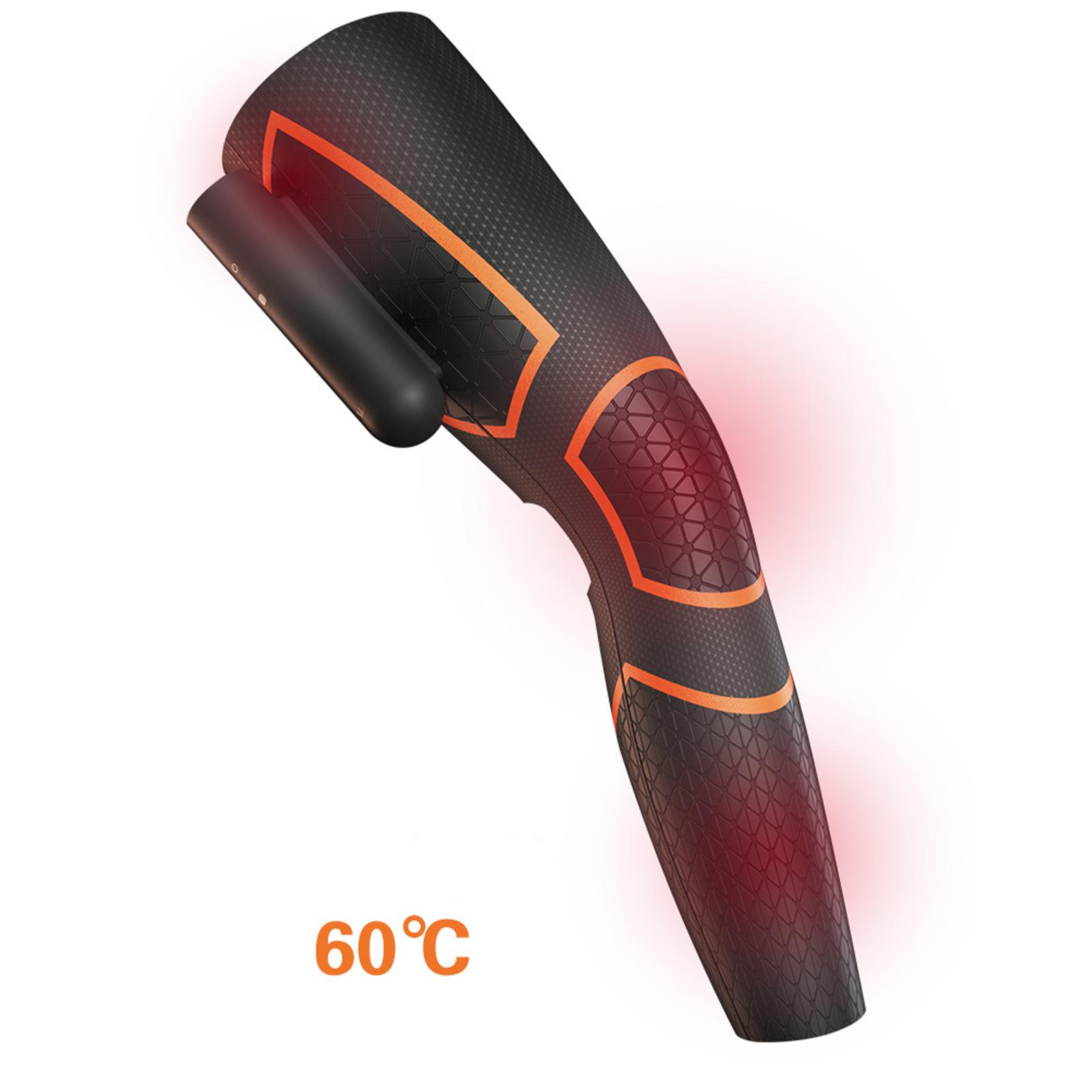 Schwarze Knieorthese mit orangefarbenem Zierrat, rot leuchtend. Temperaturanzeige von 60°C sichtbar.