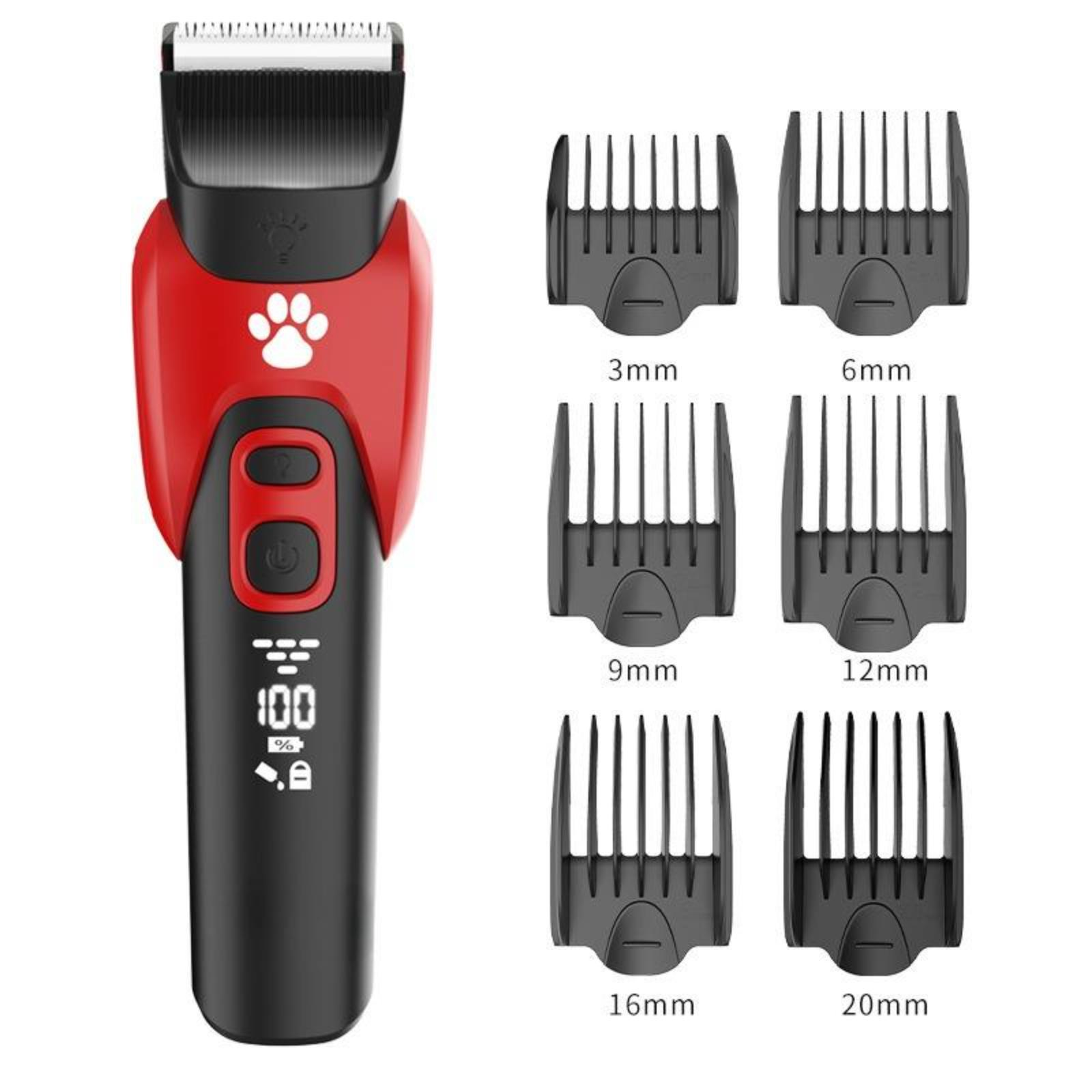 Tierhaarschneider, rot und schwarz, mit verschiedenen Kammaufsätzen, markiert 3mm bis 20mm.
