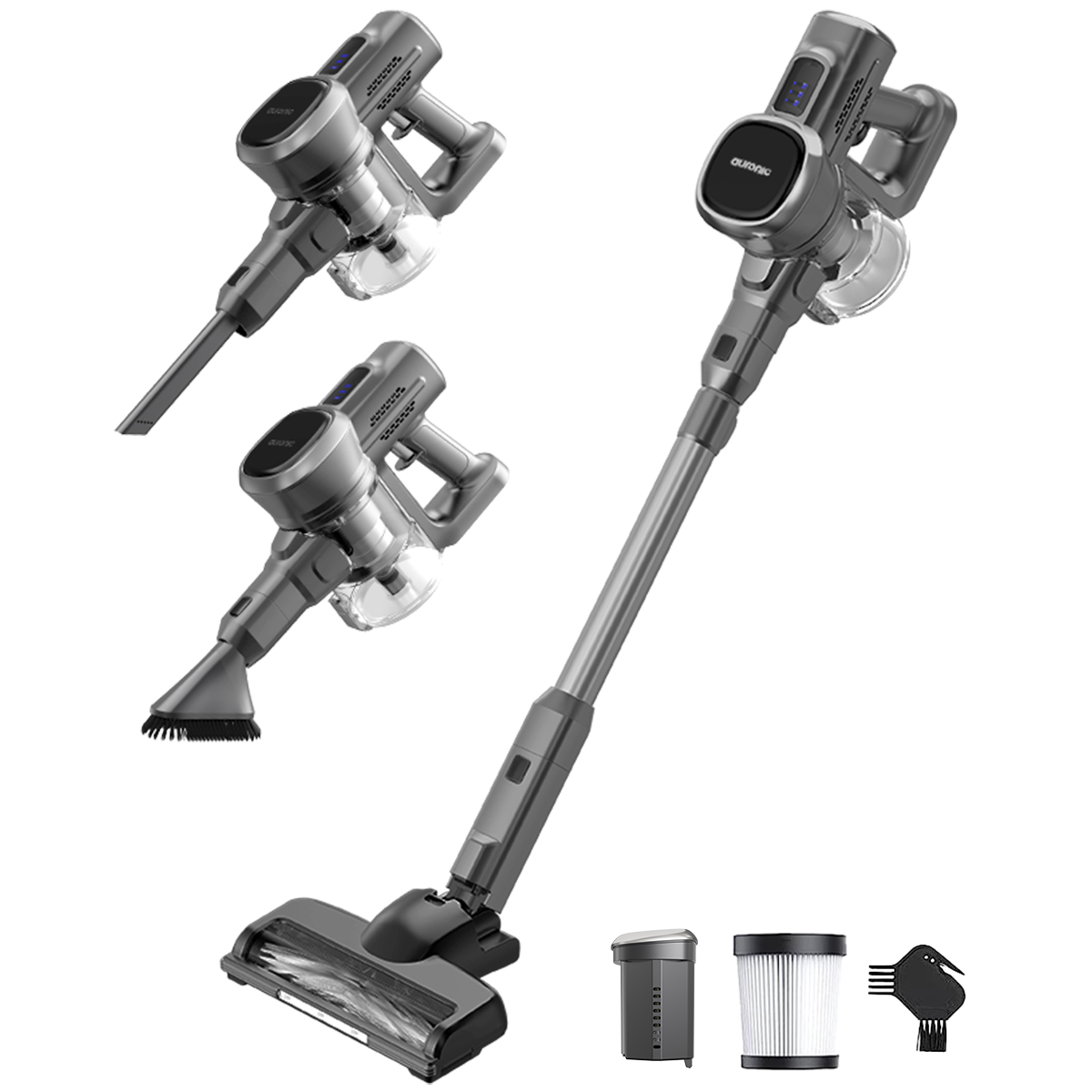 Trois aspirateurs gris sans fil et accessoires sur fond blanc.