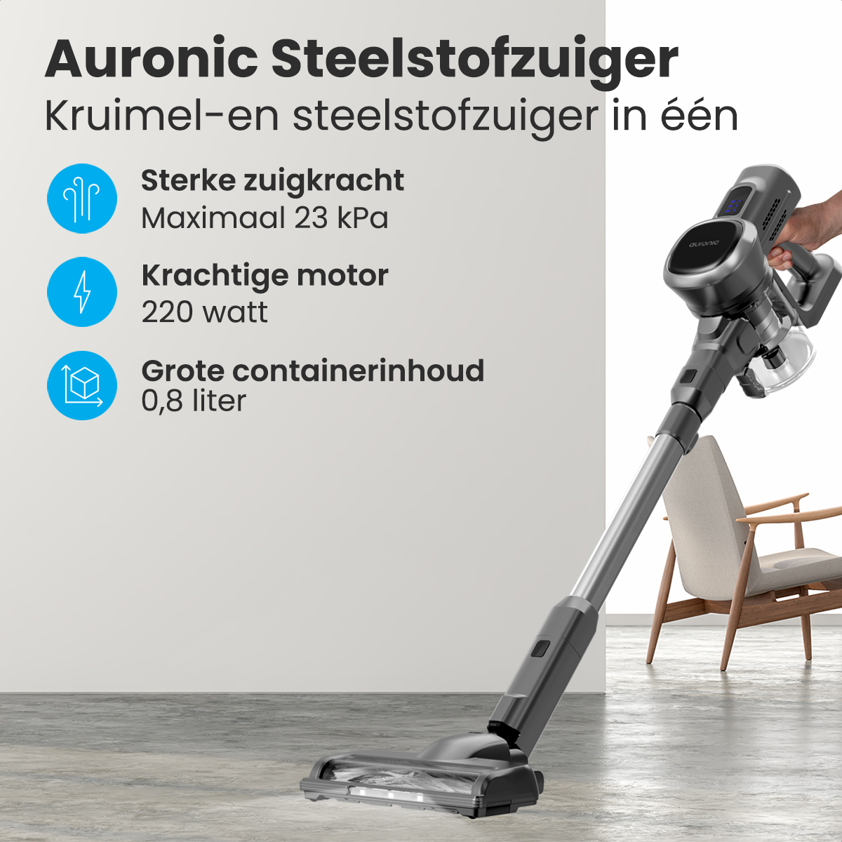 Un aspirateur noir et gris a les détails du produit énumérés sur le côté.