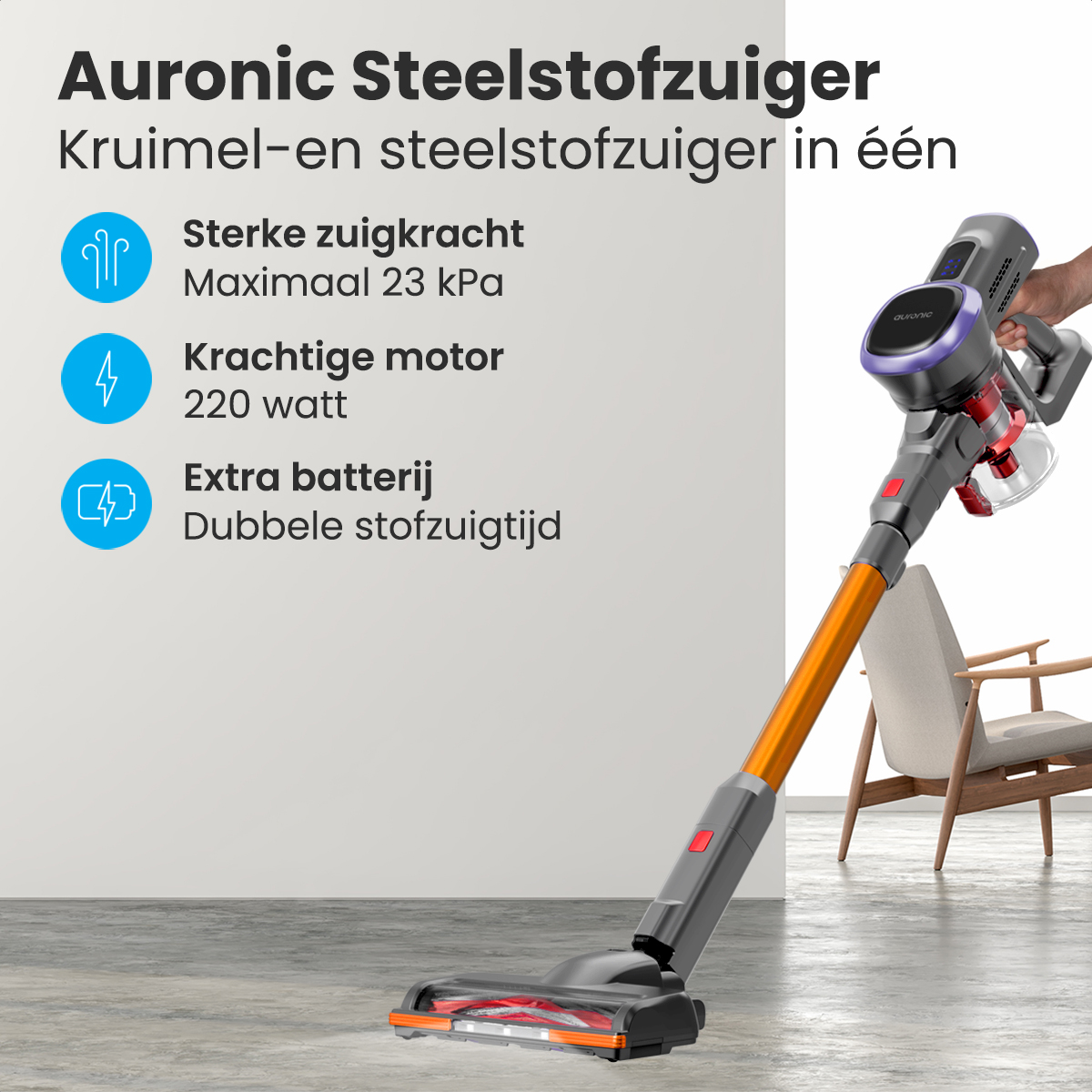 Aspirateur sans fil en cours d'utilisation, avec des couleurs orange et grise. Le texte affiche les spécifications.