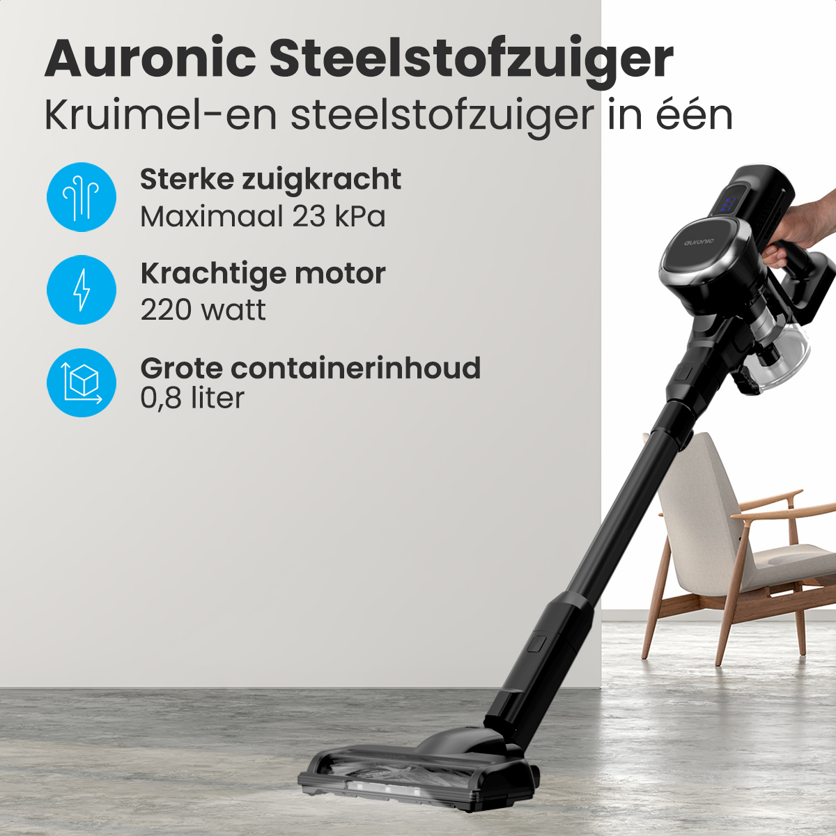 Aspirateur noir et blanc avec texte. Une main tient l'aspirateur. Fond blanc.