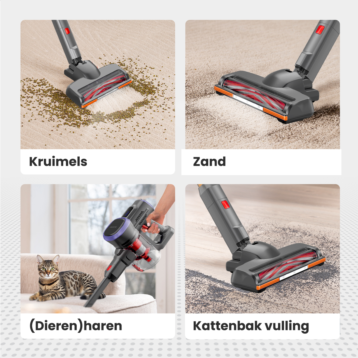 Quatre images montrant un aspirateur nettoyant les miettes, le sable, les poils d'animaux et la litière.