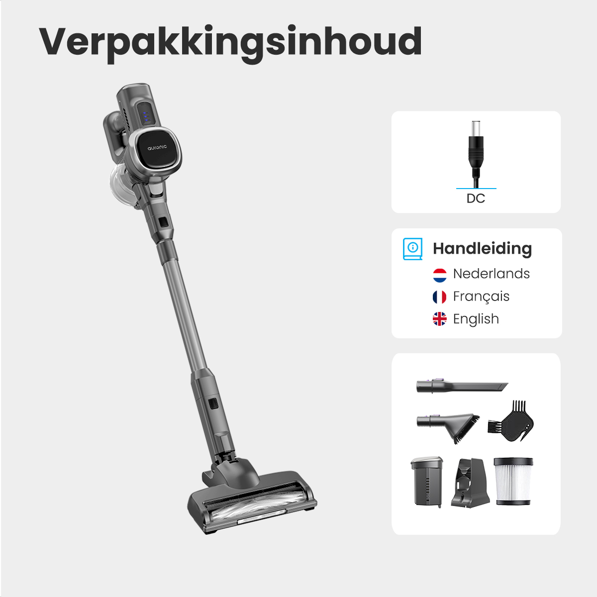 Aspirateur, câble de chargement et accessoires avec instructions.